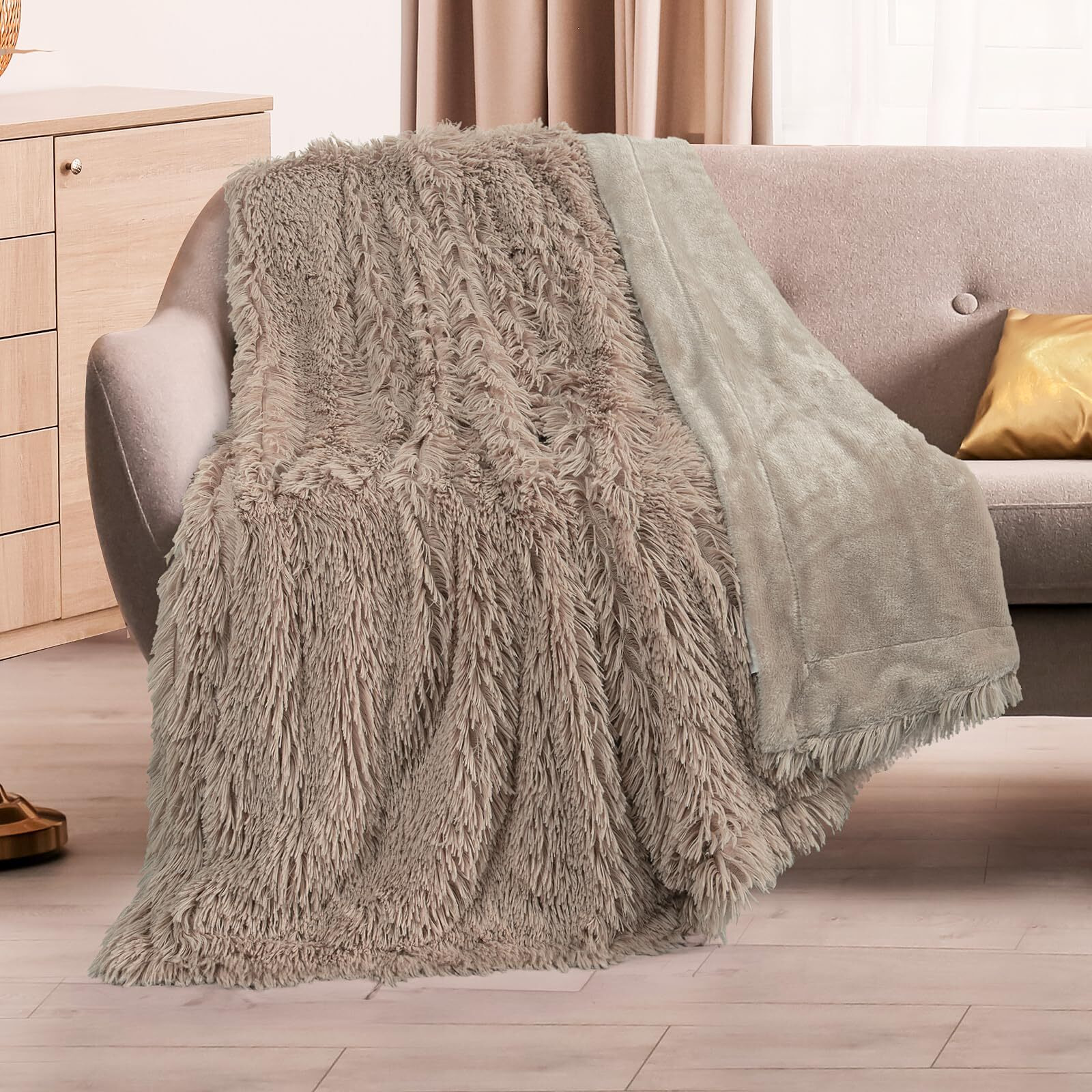 Toonow Extra Soft Fuzzy Faux Fur Throw Blanket 50"&quotX60""  Reversible Lightweight Fluffy Cozy Plush Comfy Microfiber Fleece Decorative Shaggy Blanket For Couch Sofa Bed  Khaki