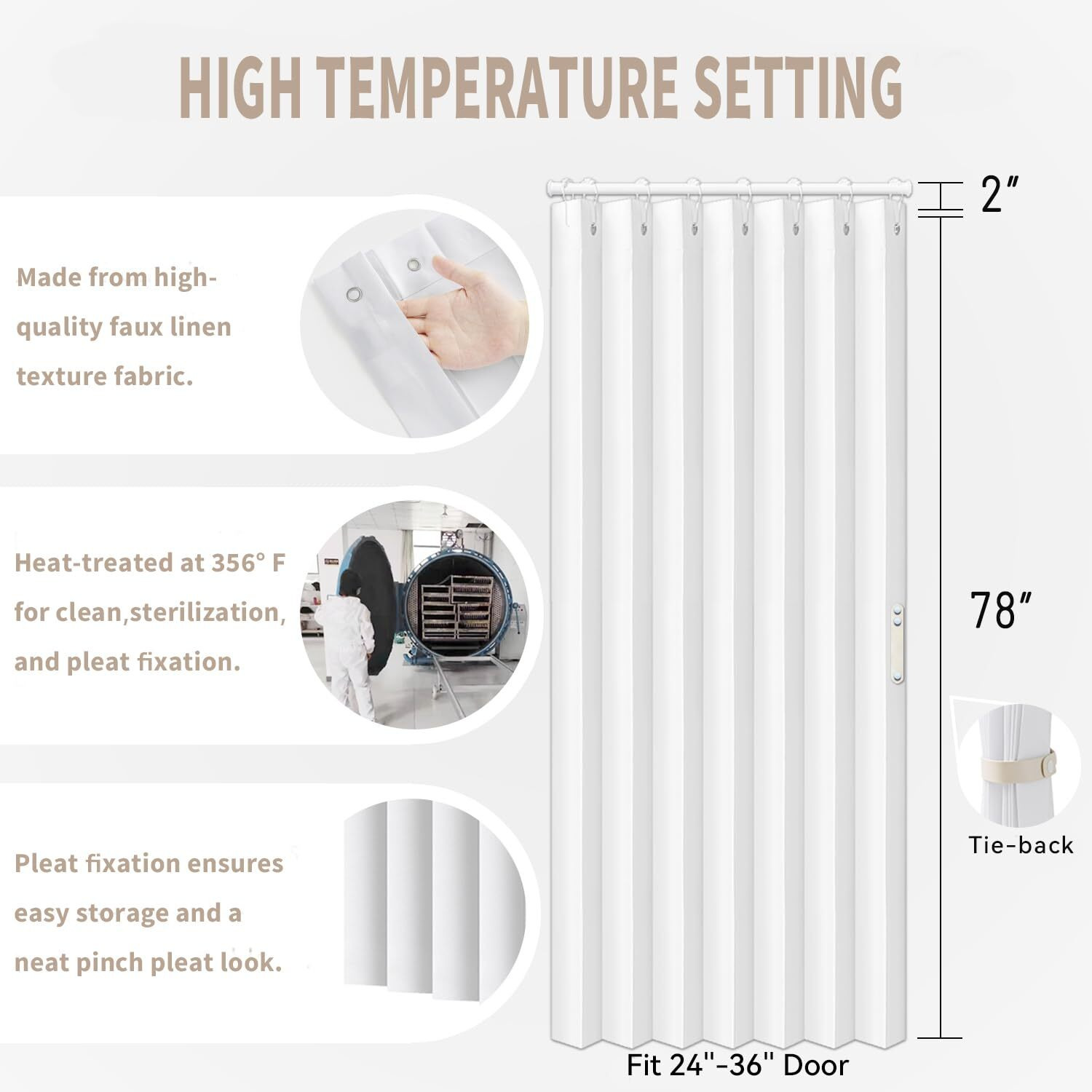 Vatge Door Curtains For Doorway  Folding Door Curtains Interior Closet Curtains For Bedroom  Bathroom  And Laundry Room  Pleated Door Curtains For Doorway 1 Panel With Tieback  W39 X L78  White