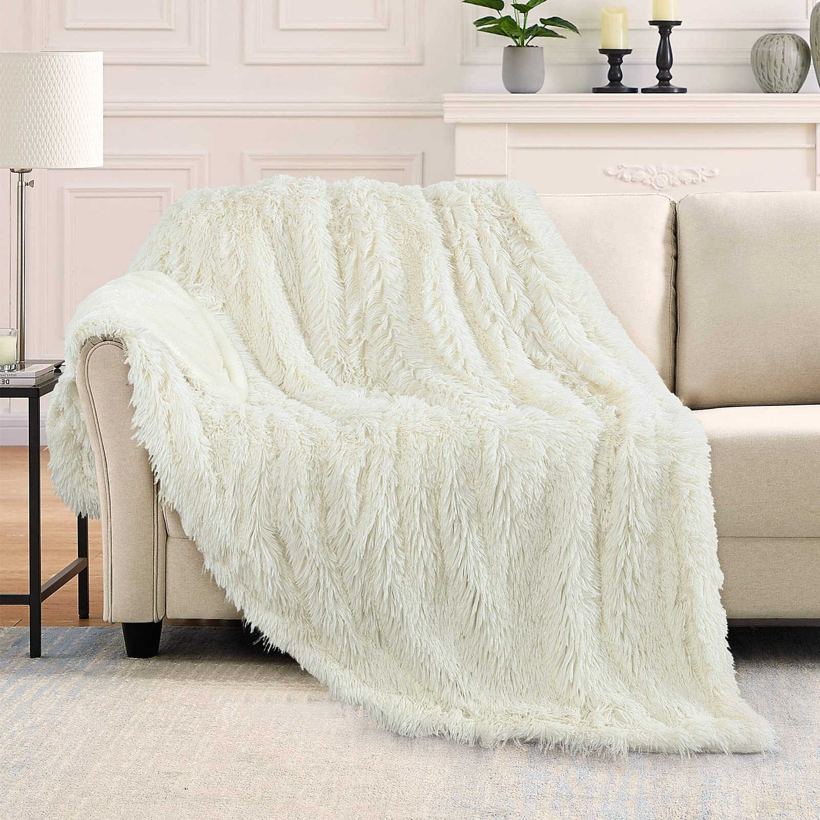 Toonow Extra Soft Fuzzy Faux Fur Blanket Queen Size 78"&quotX90""  Reversible Lightweight Decorative Blankets And Throws Super Soft Cozy Microfiber Fleece Fuzzy Blankets For Couch Bed  Cream White
