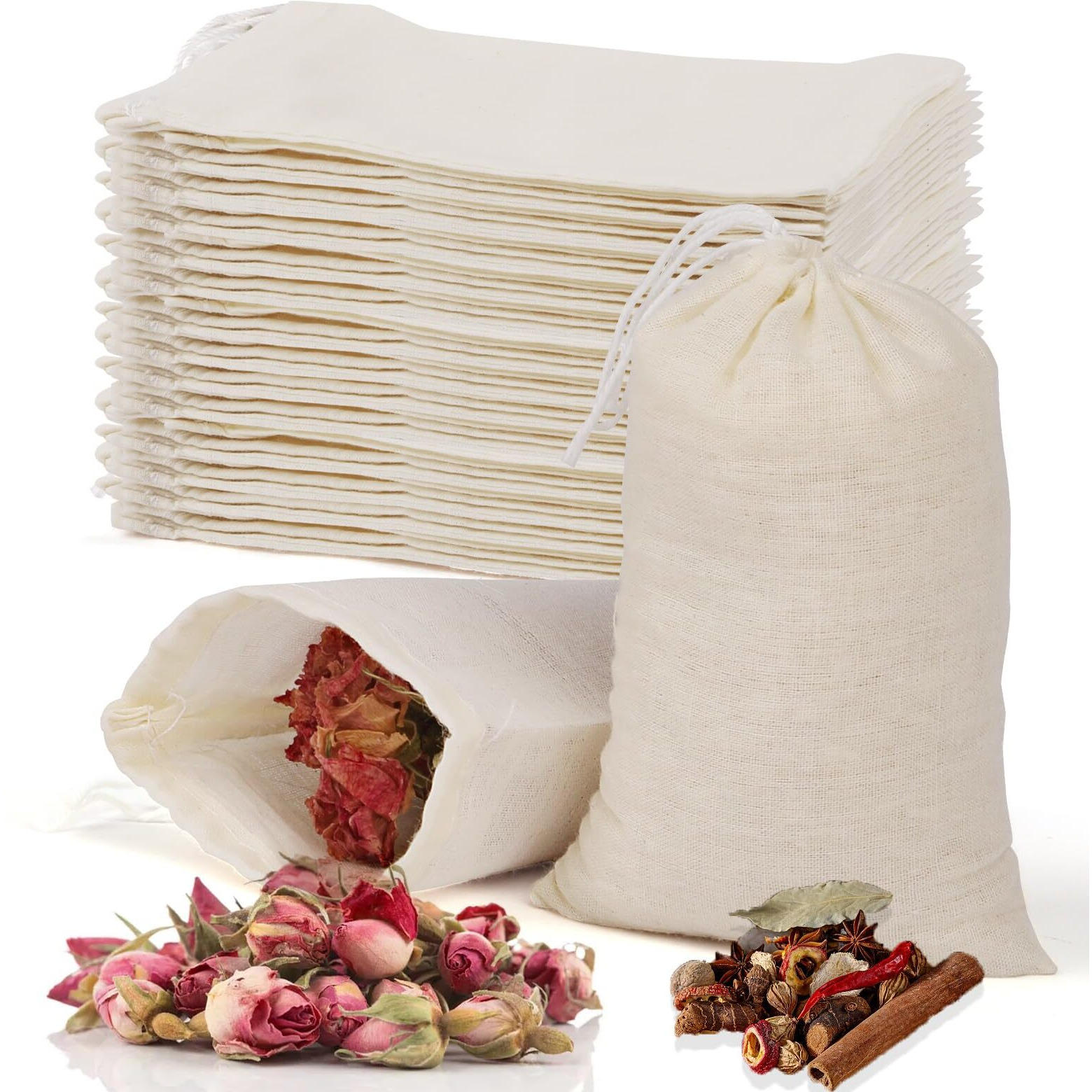 60 Pcs Empty Spice Bags For Cooking Soup  3X4 In Natural Muslin Drawstring Bag  Reusable Tea Bags For Loose Tea  Small Cheese Cloth Cotton Bag For Straining  Unbleached Cheesecloth Herb Sachet Bag