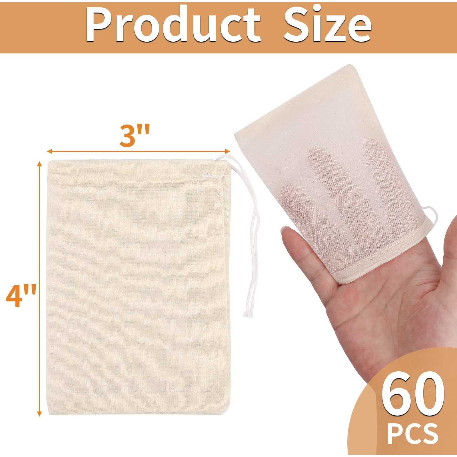 60 Pcs Empty Spice Bags For Cooking Soup  3X4 In Natural Muslin Drawstring Bag  Reusable Tea Bags For Loose Tea  Small Cheese Cloth Cotton Bag For Straining  Unbleached Cheesecloth Herb Sachet Bag