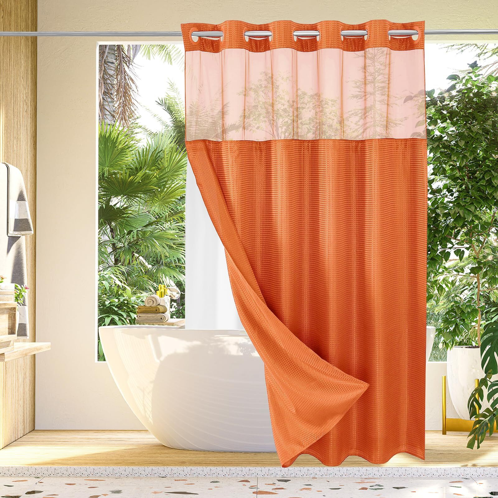 Gibelle Long Shower Curtain 72X80  Waffle Weave Bathroom Shower Curtain With Snap-In Fabric Liner Set  No Hooks Needed  Hotel Style With Mesh Top Window  Burnt Orange