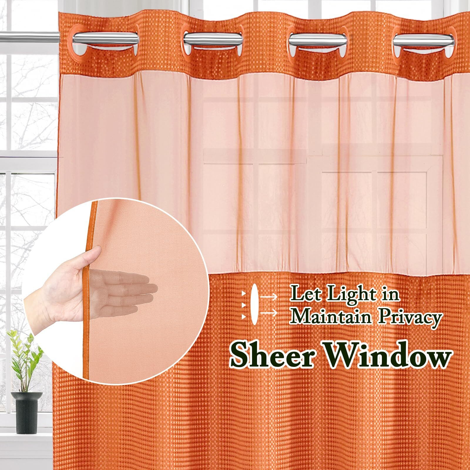 Gibelle Long Shower Curtain 72X80  Waffle Weave Bathroom Shower Curtain With Snap-In Fabric Liner Set  No Hooks Needed  Hotel Style With Mesh Top Window  Burnt Orange