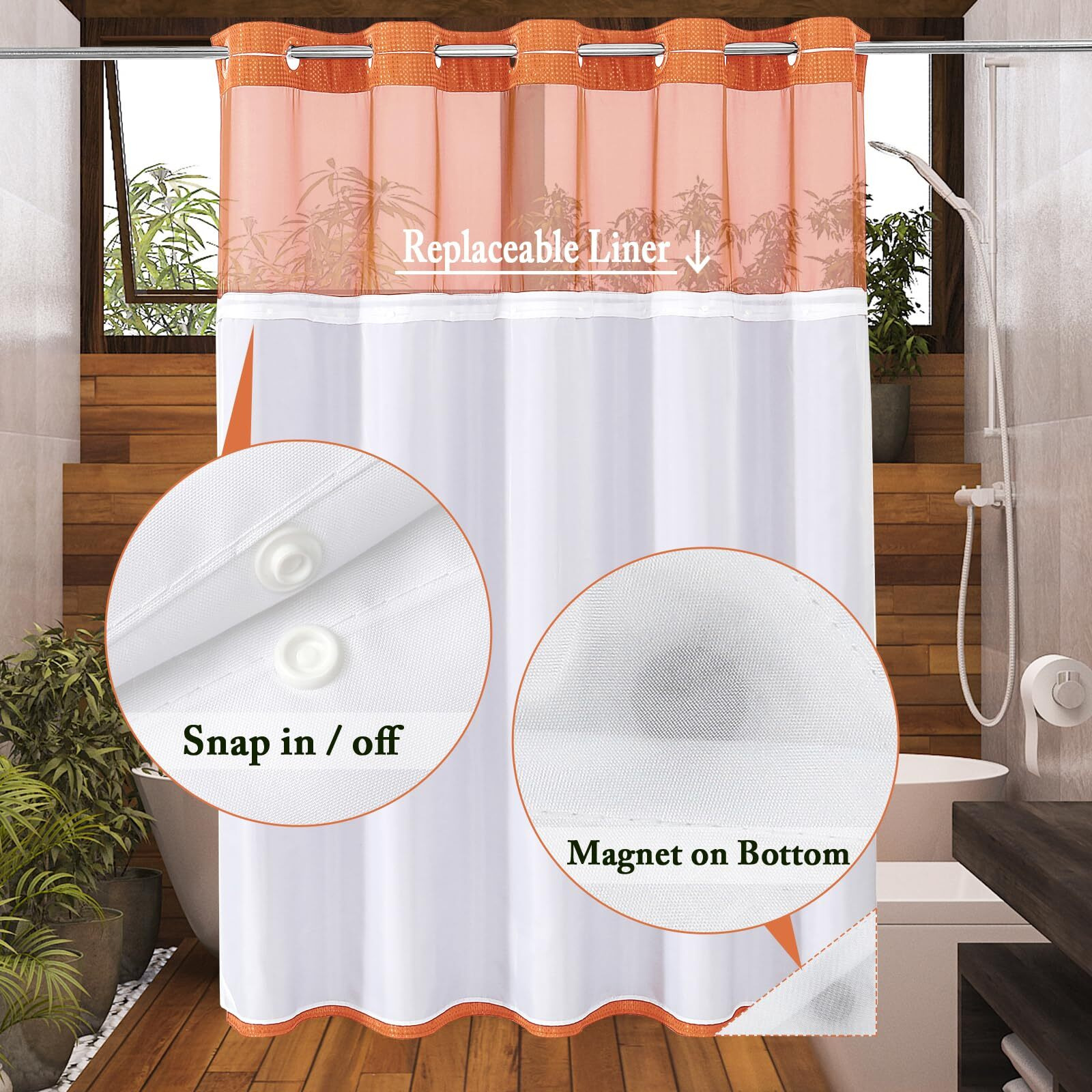 Gibelle Long Shower Curtain 72X80  Waffle Weave Bathroom Shower Curtain With Snap-In Fabric Liner Set  No Hooks Needed  Hotel Style With Mesh Top Window  Burnt Orange