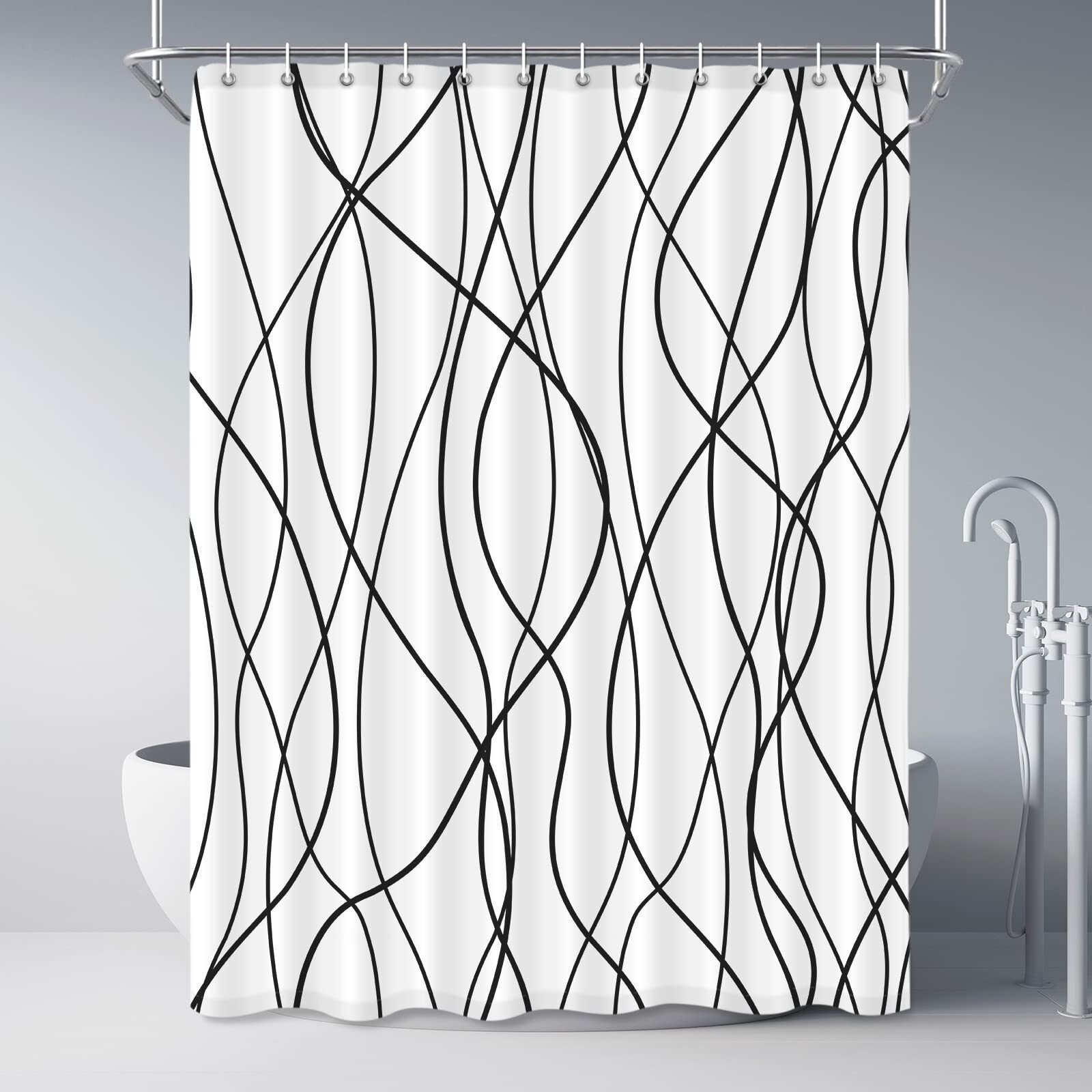 Punkray Black And White Striped Wavy Line Fabric Shower Curtain For Bathroom With 12 Hooks  Extra Long Shower Curtains For Bathroom 84 Inches Long  Weighted Hem Waterproof Bath Accessories