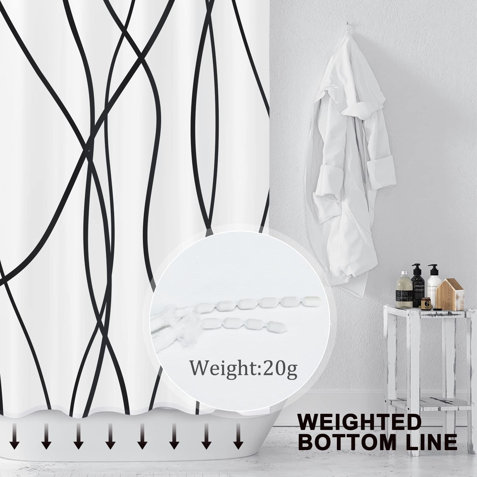 Punkray Black And White Striped Wavy Line Fabric Shower Curtain For Bathroom With 12 Hooks  Extra Long Shower Curtains For Bathroom 84 Inches Long  Weighted Hem Waterproof Bath Accessories