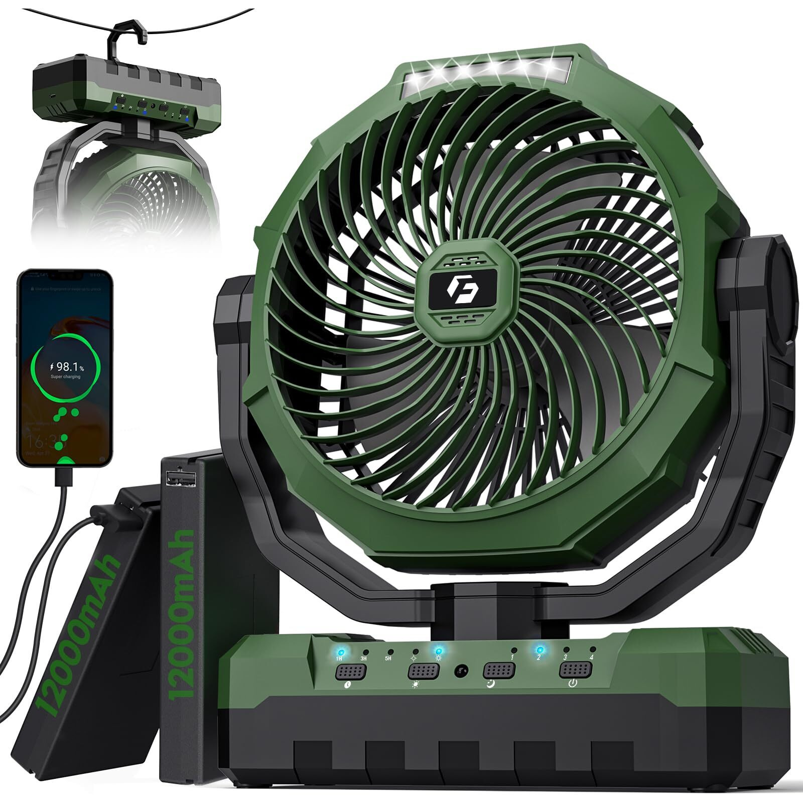 Frizcol 3-In-1 Camping Fan - Portable Fan Rechargeable - 24000Mah 9-Inch Battery Powered Fan(140Hrs) - Usb Fan With Light & Remote For Indoor  Outdoor  Tent  Travel  Bbq  Fishing  Jobsite - Green
