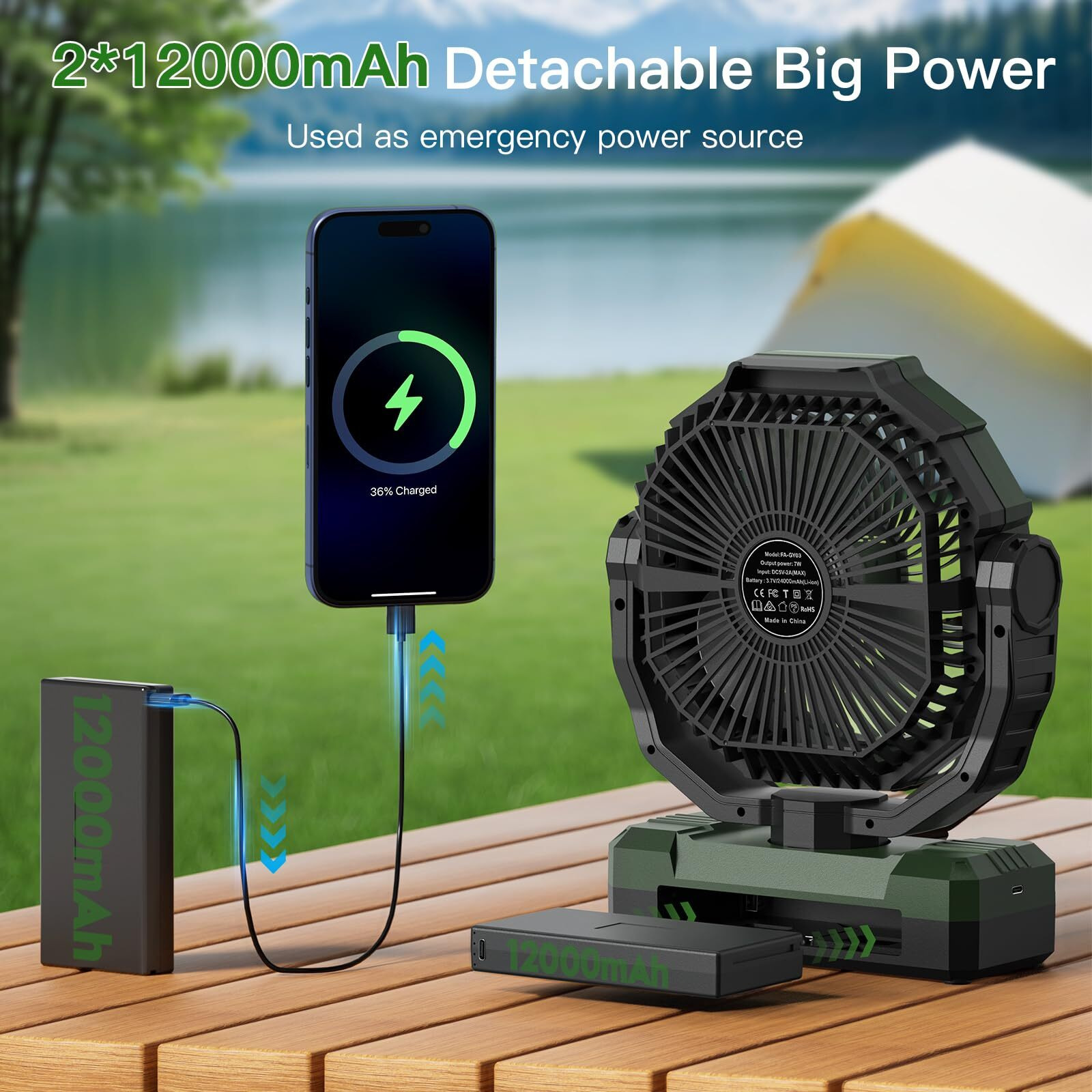 Frizcol 3-In-1 Camping Fan - Portable Fan Rechargeable - 24000Mah 9-Inch Battery Powered Fan(140Hrs) - Usb Fan With Light & Remote For Indoor  Outdoor  Tent  Travel  Bbq  Fishing  Jobsite - Green