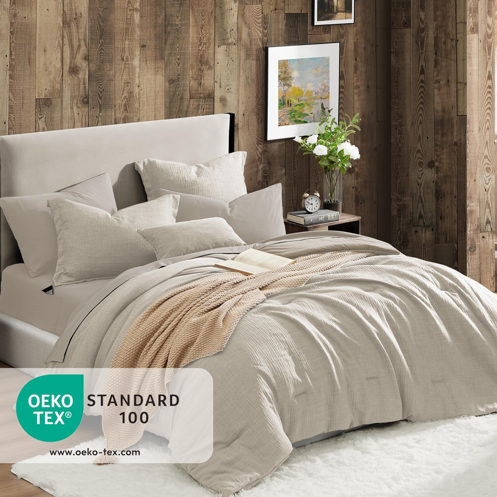 Geniospin Queen Comforter Set - 7 Pieces Comforter Queen Size  Soft Solid Bedding Set For All Season  Textured Bed In A Bag With Flat Sheet And Fitted Sheet  Pillowcases & Shams (Ivory  90''X90'')