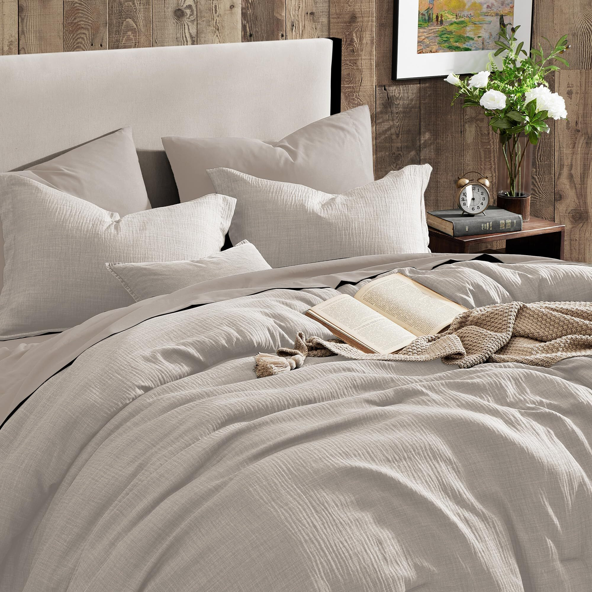 Geniospin Queen Comforter Set - 7 Pieces Comforter Queen Size  Soft Solid Bedding Set For All Season  Textured Bed In A Bag With Flat Sheet And Fitted Sheet  Pillowcases & Shams (Ivory  90''X90'')