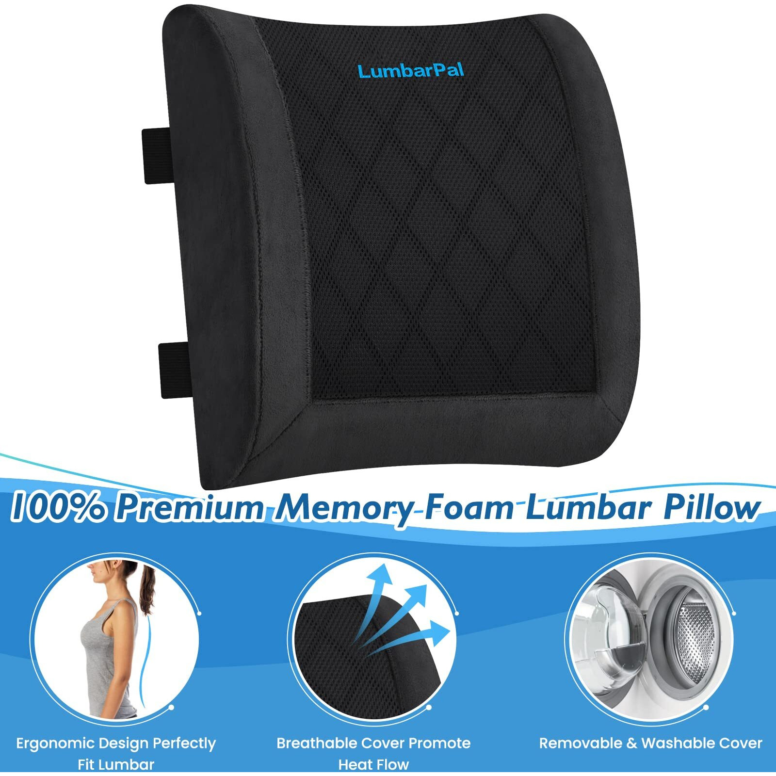 Lumbarpal Lumbar Support Pillow For Office Chair Back Support Lumbar Pillow For Car  Gaming  Office Chair - Improve Sitting Posture & Back Pain Relief  Memory Foam  Adjustable Straps  Fluffy Black