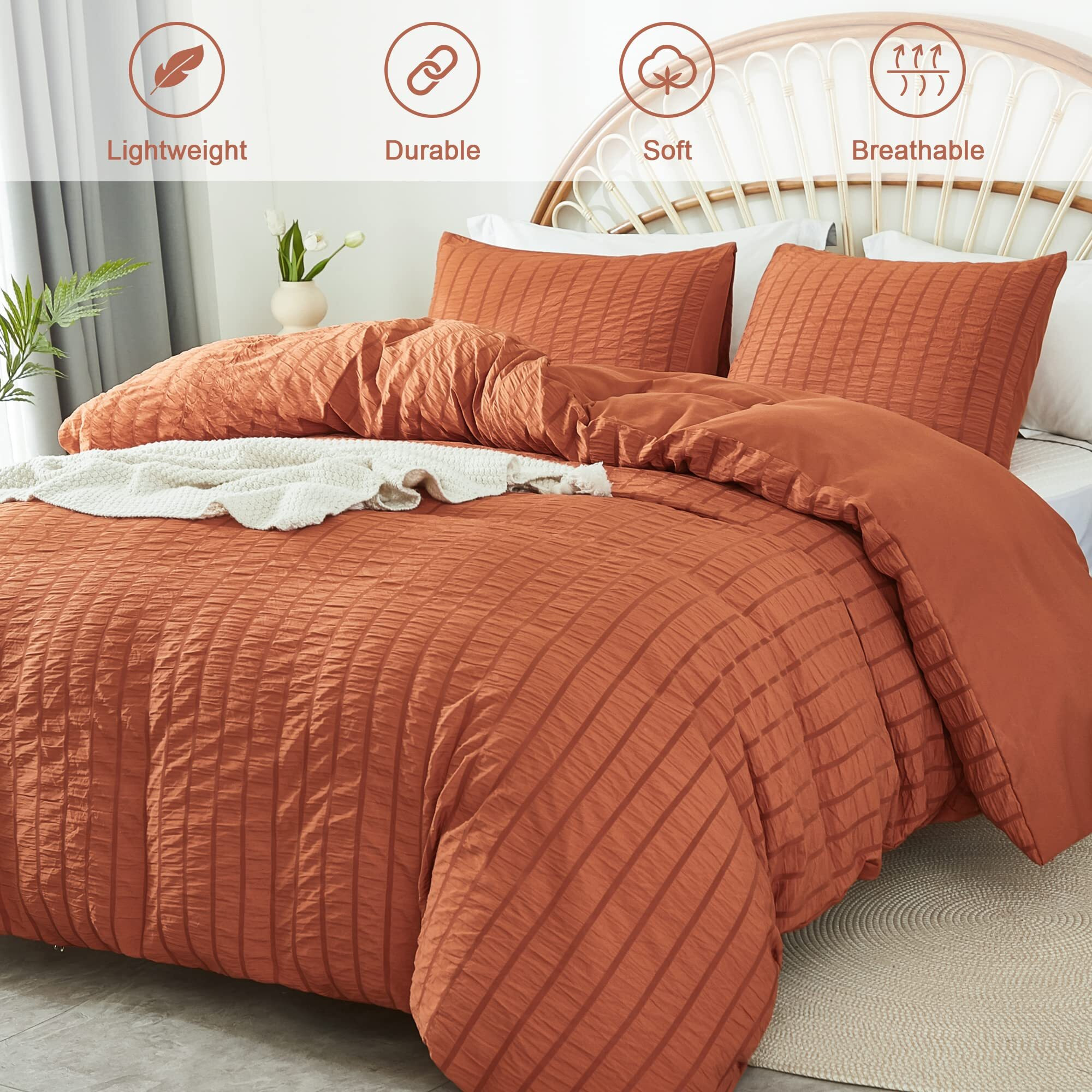 Avelom Terracotta Seersucker Duvet Cover Set King Size (104 X 90 Inches)  3 Pieces (1 Duvet Cover + 2 Pillow Cases)  Ultra Soft Washed Microfiber  Textured Duvet Cover With Zipper Closure  Corner Ties