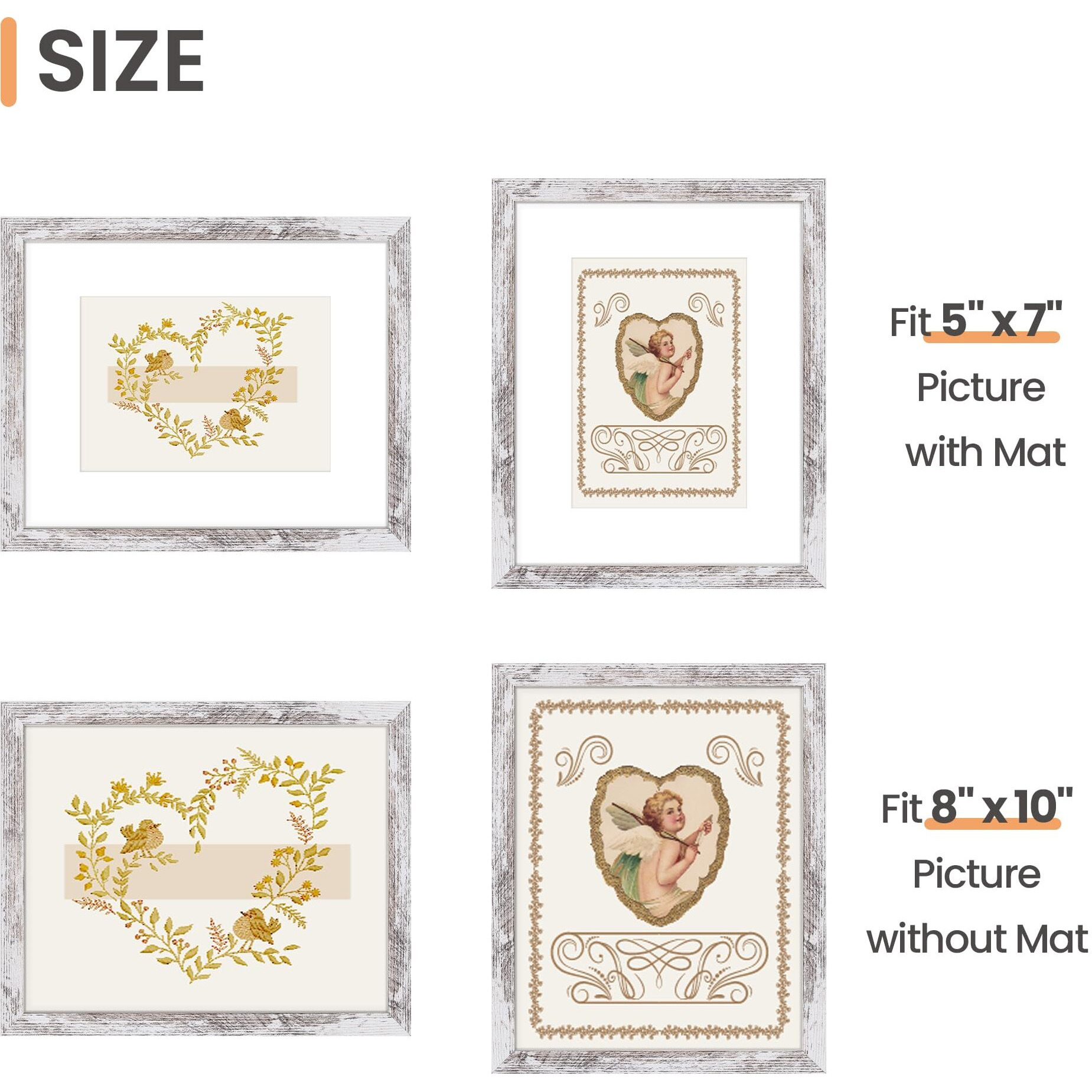 Upsimples 8X10 Picture Frame  Display Pictures 5X7 With Mat Or 8X10 Without Mat  Wall Hanging Photo Frame  Rustic White  1 Pack