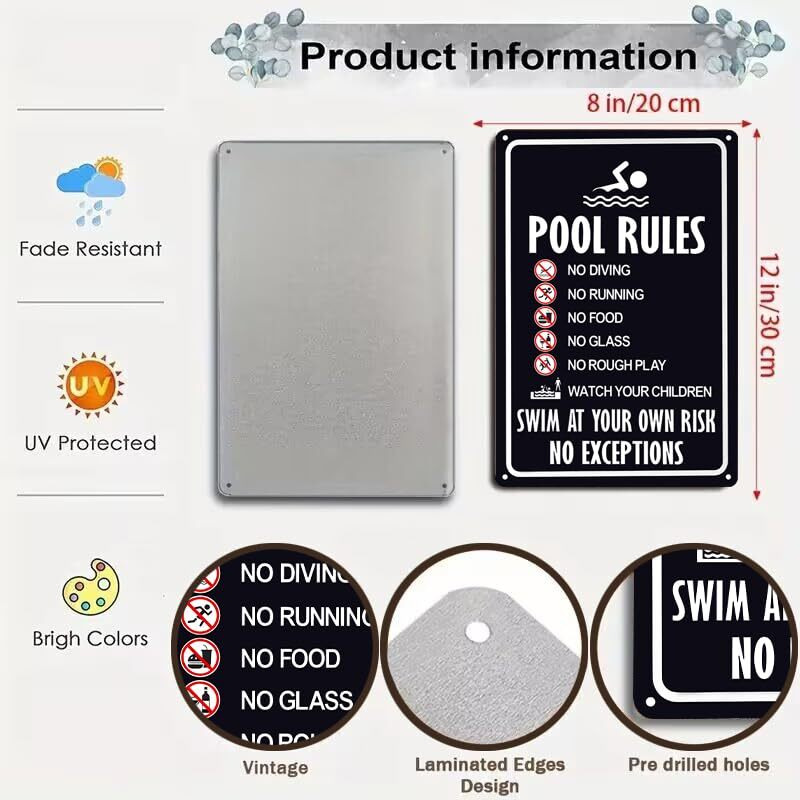 Crazysign Pool Rules Sign Warning Swim At Your Own Risk Vintage Tin Sign For Swimming Pool Water Park Beach Decor 8X12 Inches (3131)