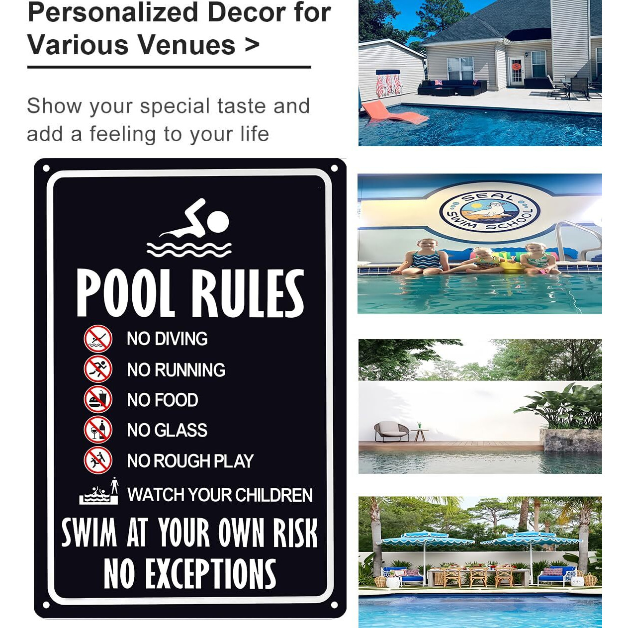 Crazysign Pool Rules Sign Warning Swim At Your Own Risk Vintage Tin Sign For Swimming Pool Water Park Beach Decor 8X12 Inches (3131)
