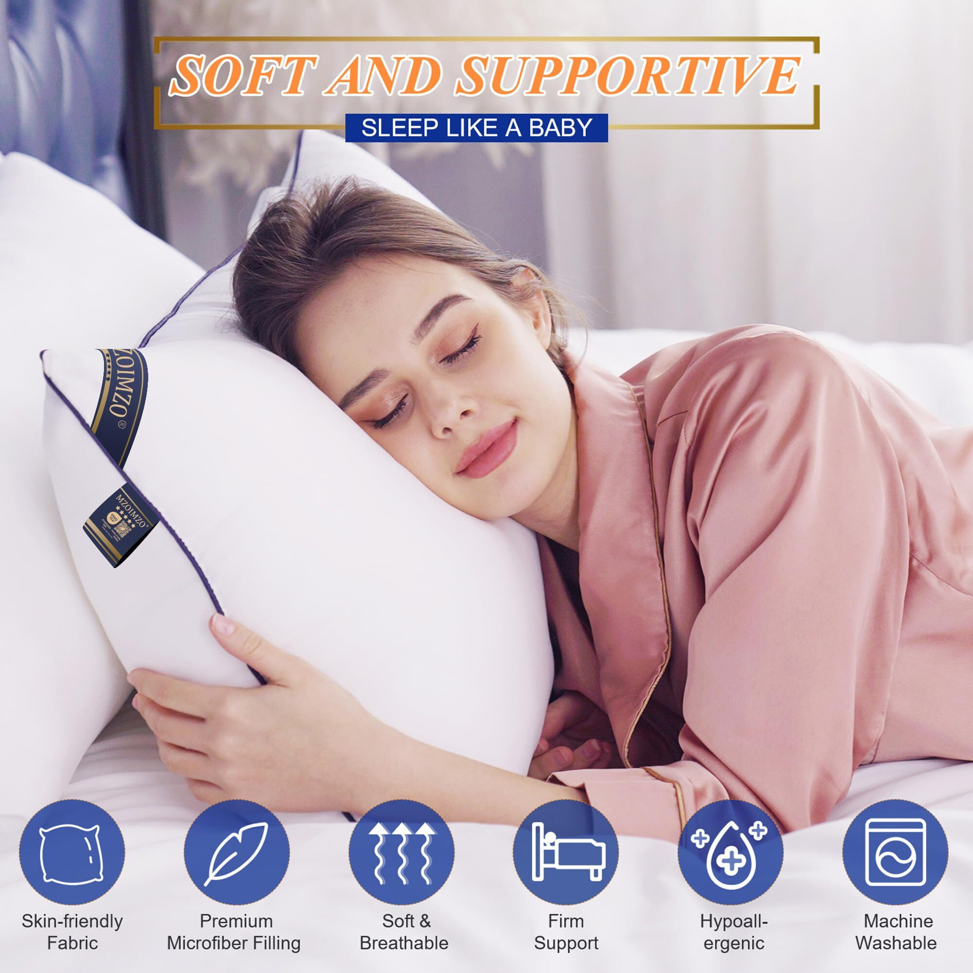 Mzoimzo Supportive Firm Bed Pillows For Sleeping- King Size  Set Of 2  Cooling Hotel Quality With Premium Soft Down Alternative Fill For Back  Stomach Or Side Sleepers  20''X34''