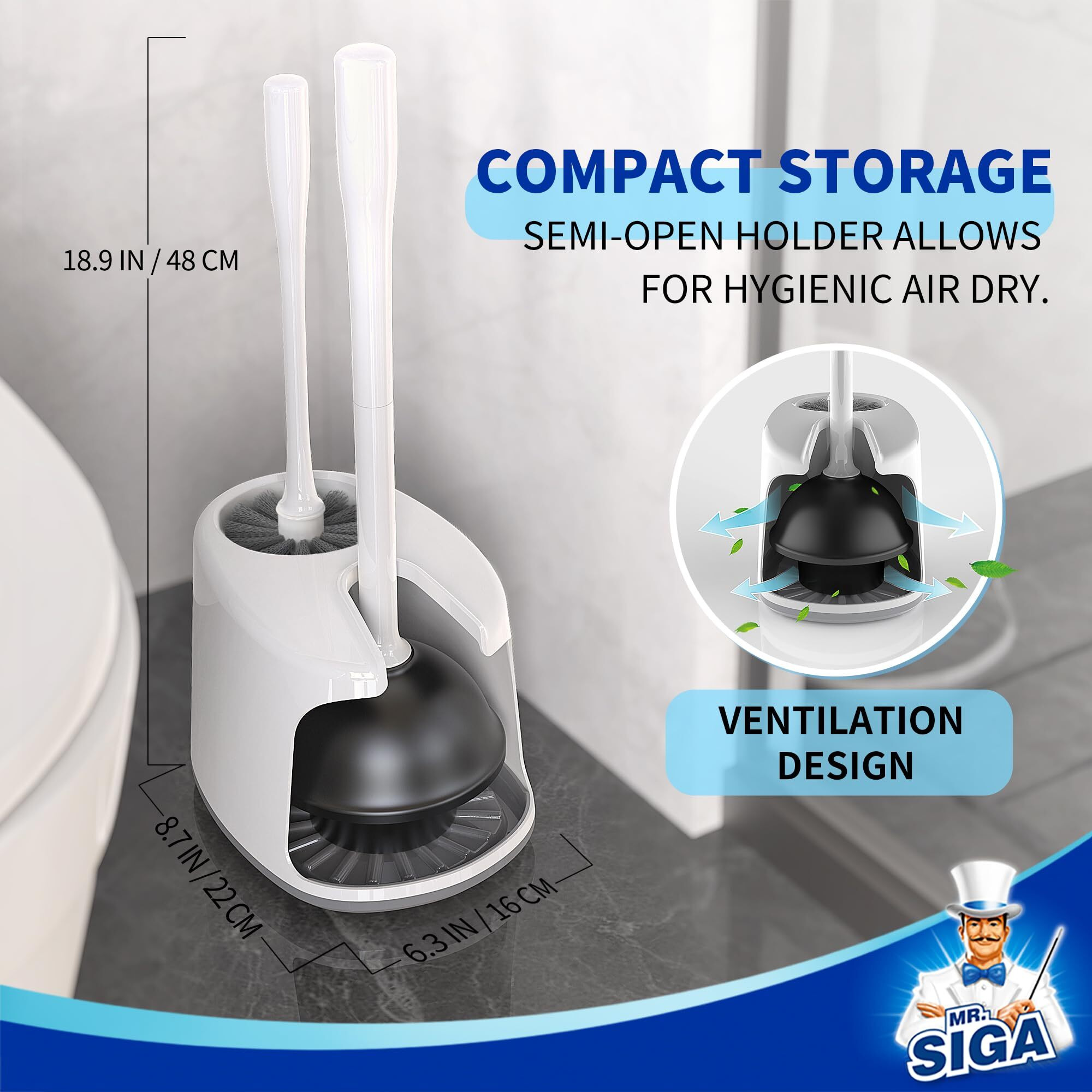 Mr.Siga Toilet Plunger And Bowl Brush With Holder  Heavy Duty Toilet Brush And Plunger Set For Bathroom Cleaning  White  1 Set