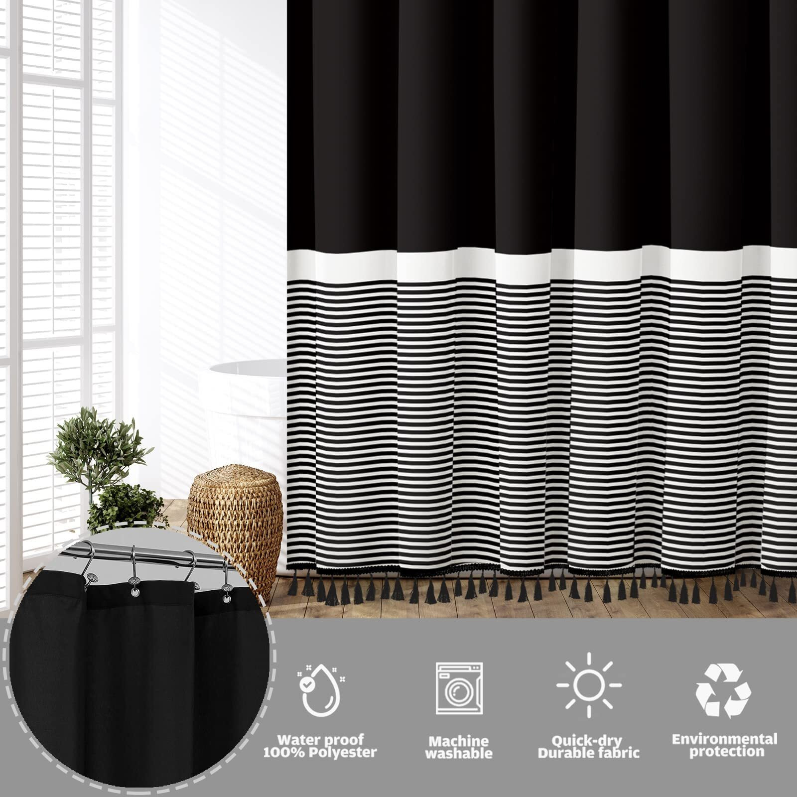Seasonwood 84 Inch  Black White Striped With Black Tassels Modern Farmhouse Waterproof Cloth Shower Curtain Set