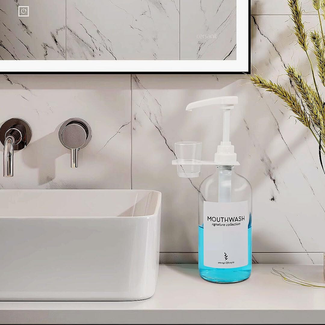 Onsogi Glass Mouthwash Dispenser With Cup Holder And Pump  16 Oz Rustic Boho Mouthwash Dispenser For Bathroom Farmhouse Decor - 1 Pack Clear