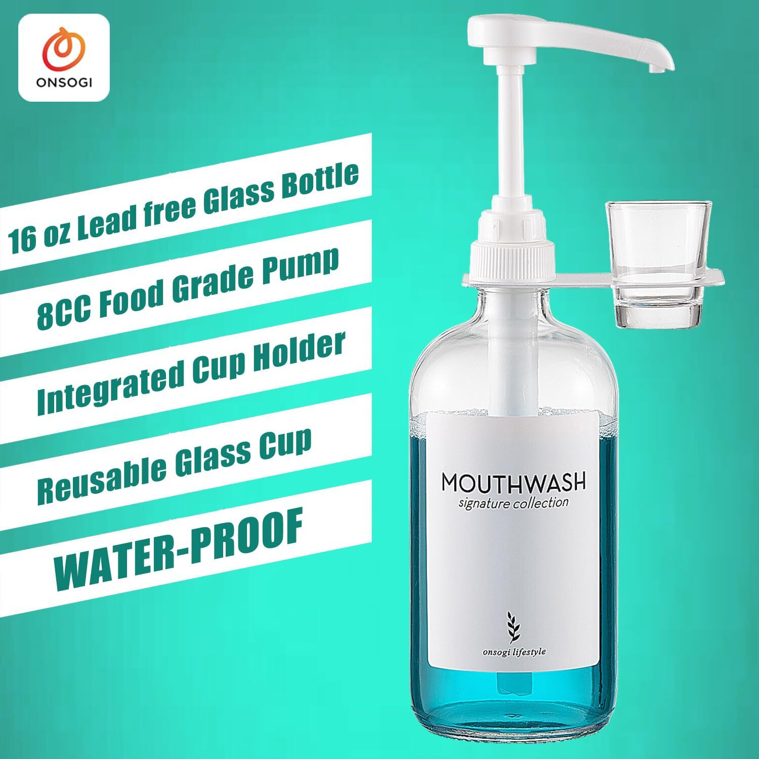 Onsogi Glass Mouthwash Dispenser With Cup Holder And Pump  16 Oz Rustic Boho Mouthwash Dispenser For Bathroom Farmhouse Decor - 1 Pack Clear