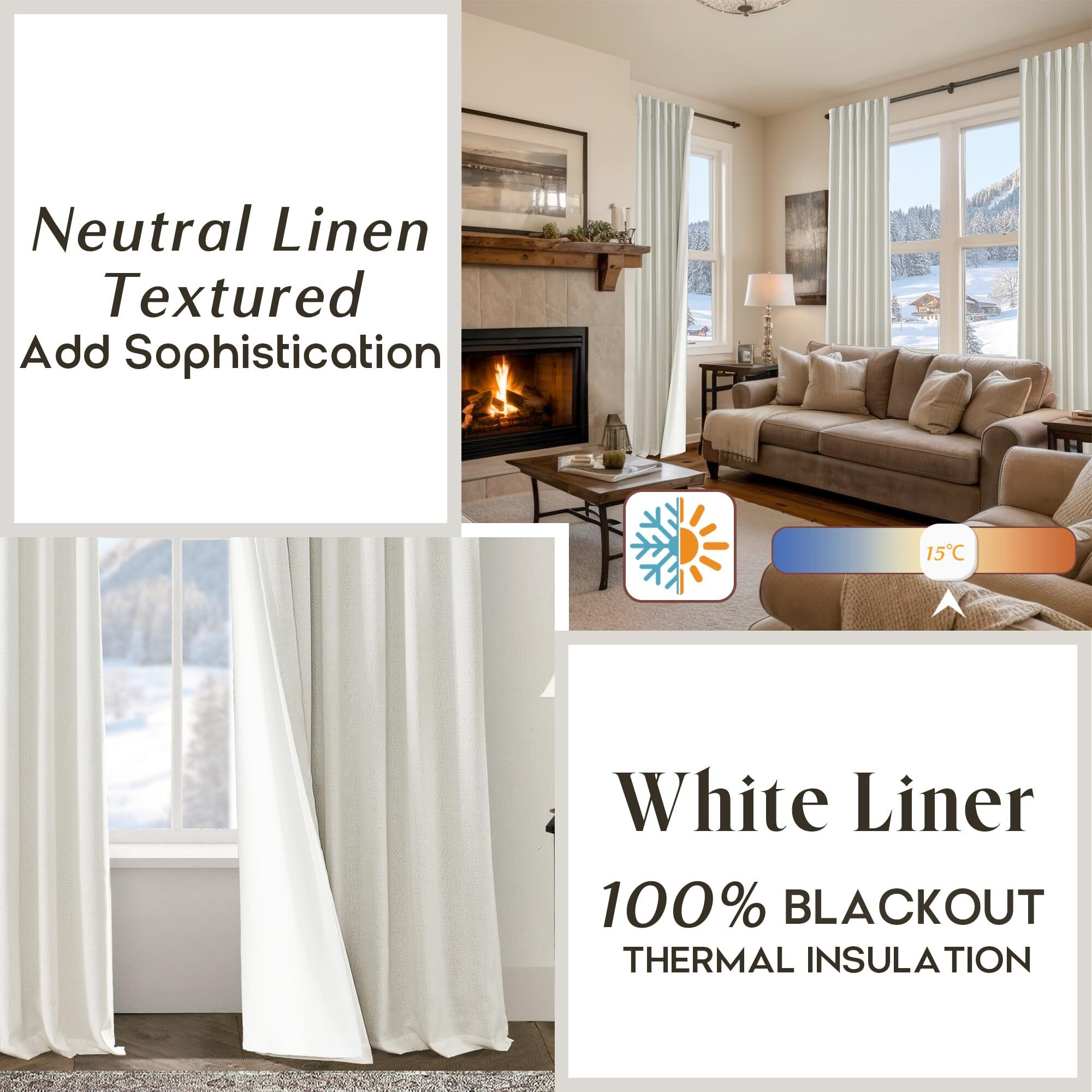 Linen Blackout Curtains 84 Inch Length 2 Panels Set For Living Room Black Out Pleated Back Tab Room Darkening Insulated Thermal Curtains For Winter Bedroom 84 Inches Long Cream Ivory Two Panel