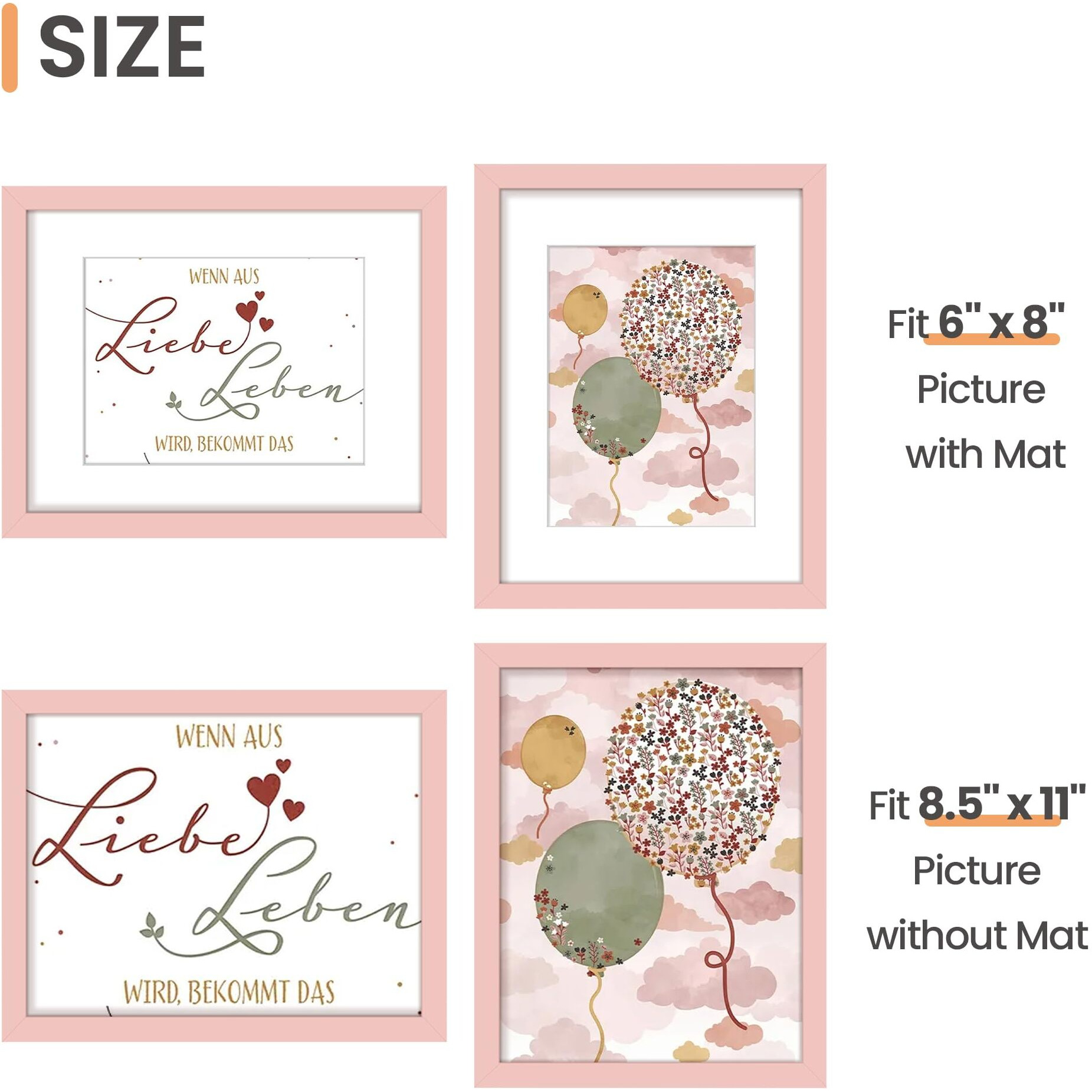 Upsimples 8.5X11 Picture Frame  Display Pictures 6X8 With Mat Or 8.5X11 Without Mat  Wall Hanging Photo Frame  Pink  1 Pack