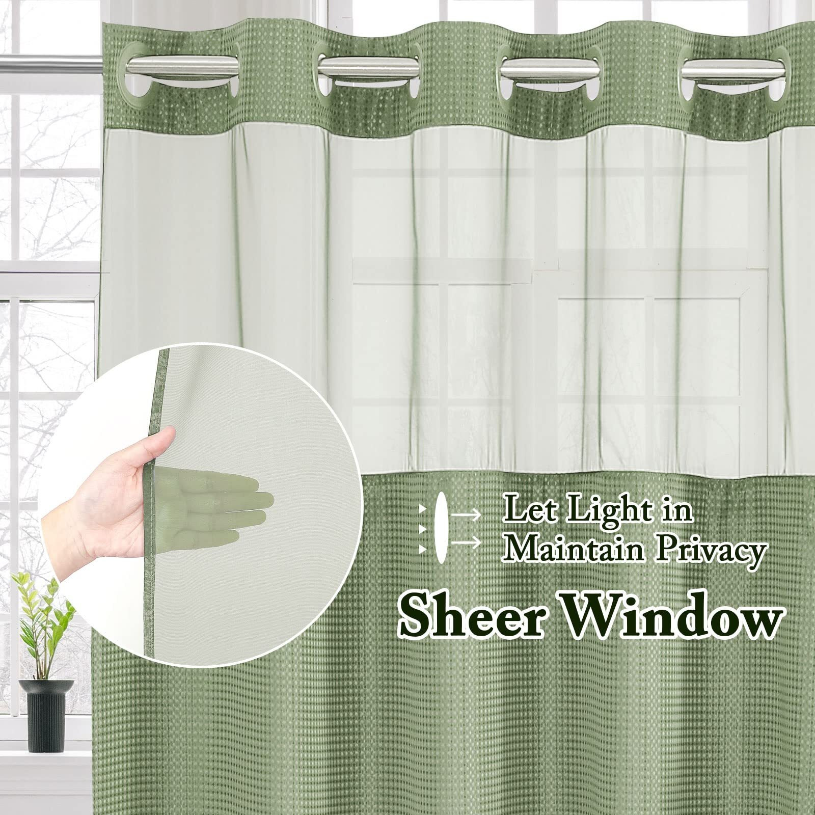 Gibelle Stall Small Shower Curtain 36X74  Waffle Weave Shower Curtain With Snap-In Fabric Liner Set  No Hooks Needed  Hotel Style With Mesh Top Window  Sage Green