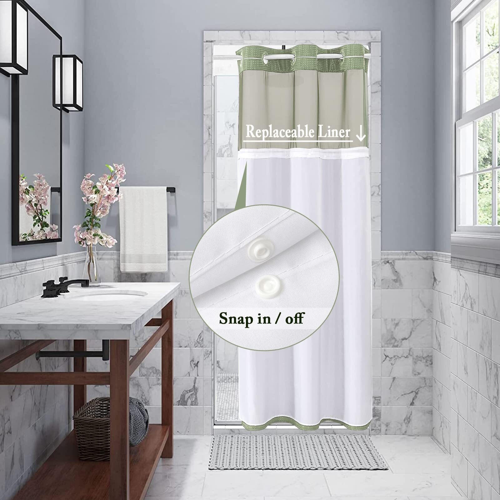 Gibelle Stall Small Shower Curtain 36X74  Waffle Weave Shower Curtain With Snap-In Fabric Liner Set  No Hooks Needed  Hotel Style With Mesh Top Window  Sage Green