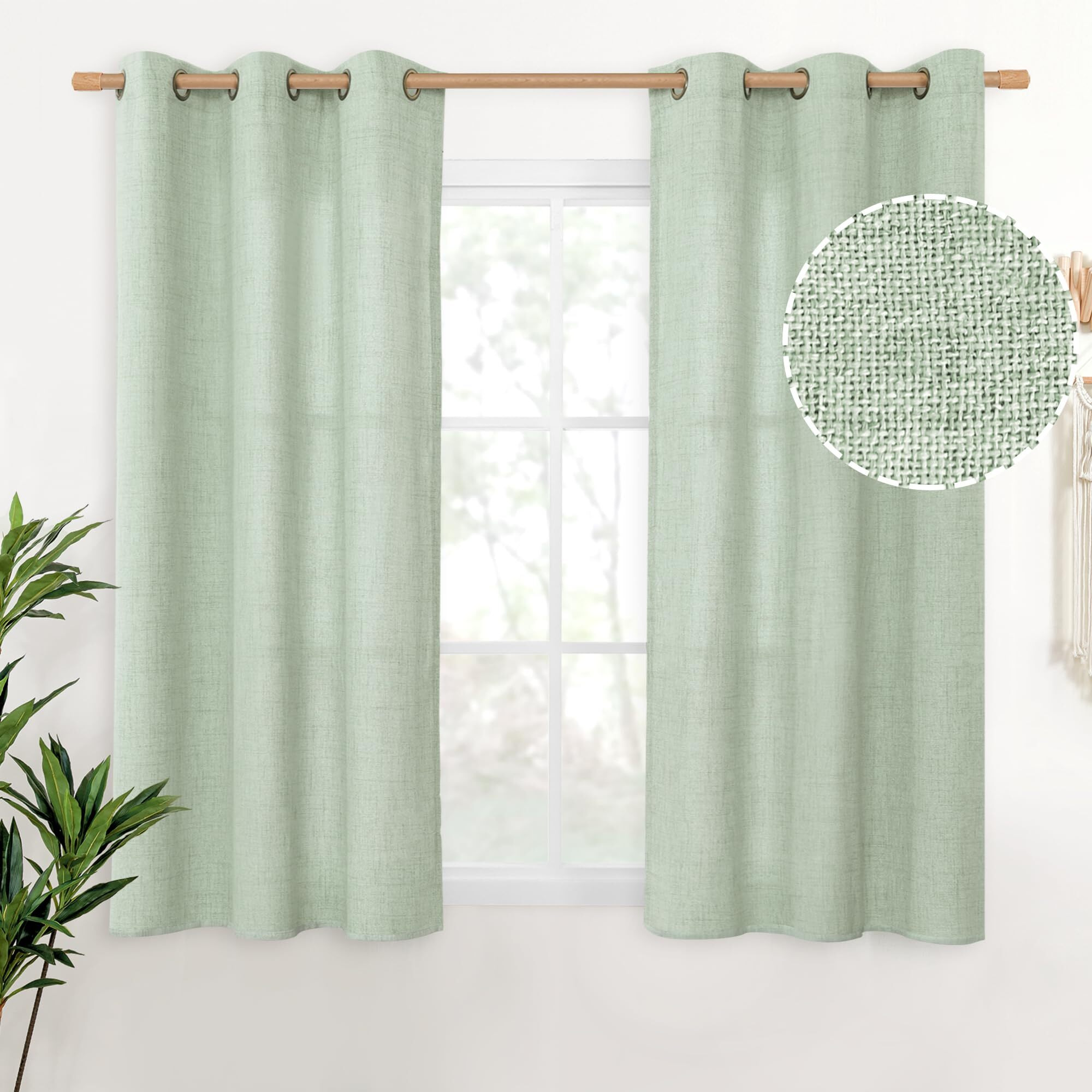 Youngstex Sage Green Linen Curtains 40 Inches Length For Kitchen Textured Short Window Drapes With Bronze Grommet Privacy Light Filtering For Bedroom Bathroom Cafe  42 X 40 Inch  2 Panels