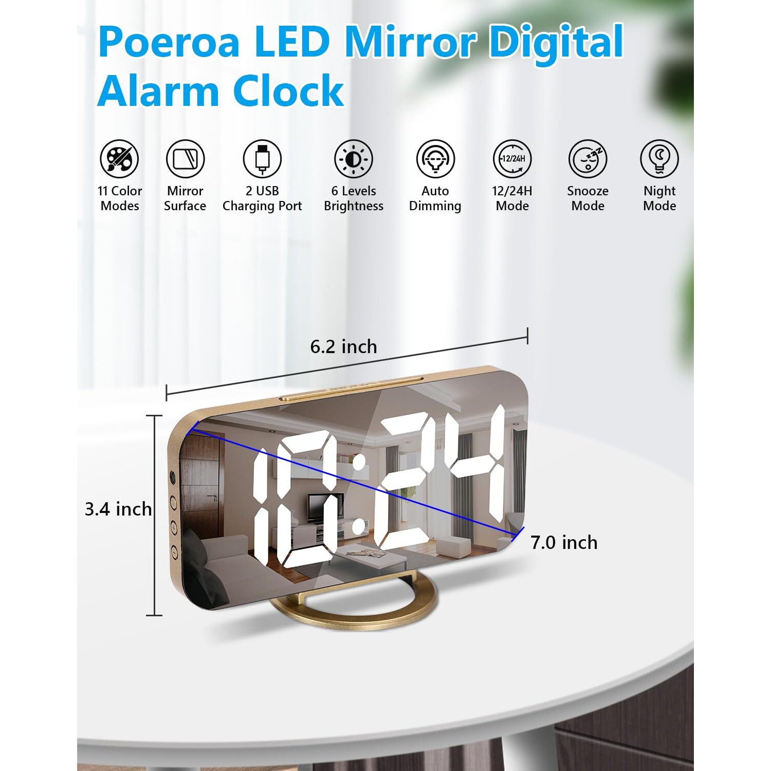 Digital Alarm Clock 7 In Led Mirrored Clocks Large Display With 2 Usb Charger Ports Auto Dim Night Mode Modern Desktop Electronic Clocks For Bedroom Home Office Decor - Gold