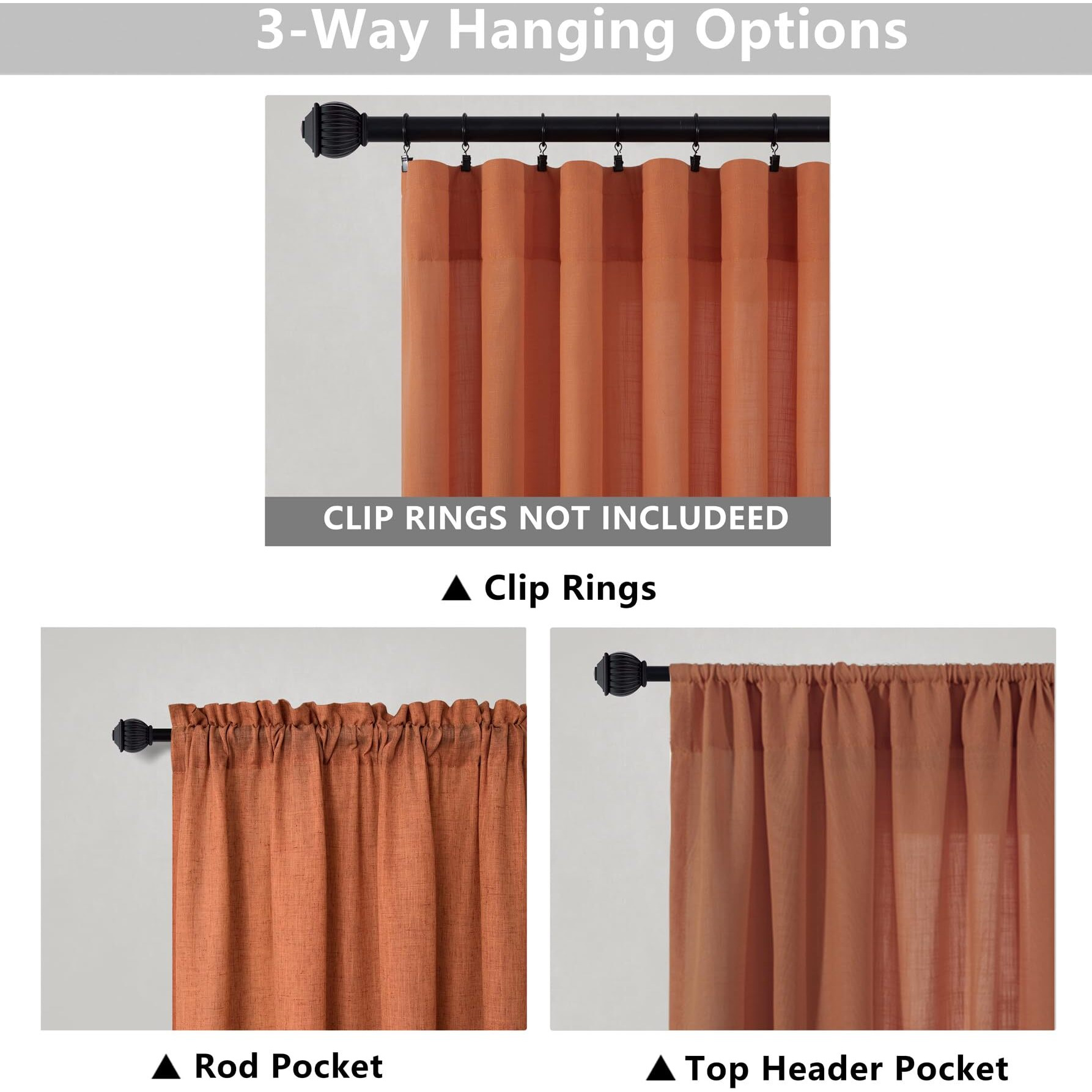 Mrs.Naturall Burnt Orange Linen Curtains Long For Living Room 2 Panel Set Rod Pocket Bedroom 52X96 Inches Long