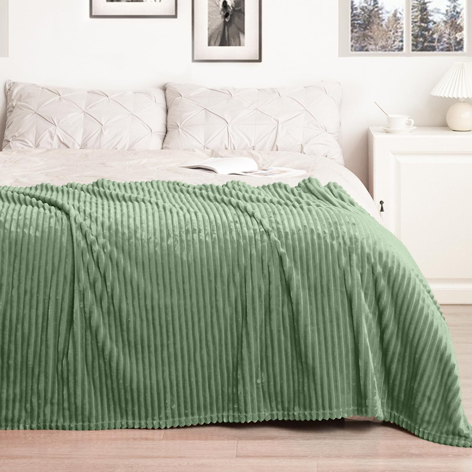 Vessia Flannel Fleece Throw Blanket  300Gsm Cozy Sage Green Striped Throw Blanket For Couch  Sofa And Bed  Warm And Soft Cozy Green Microfiber Ribbed Blanket For All Season(50X40Inch)