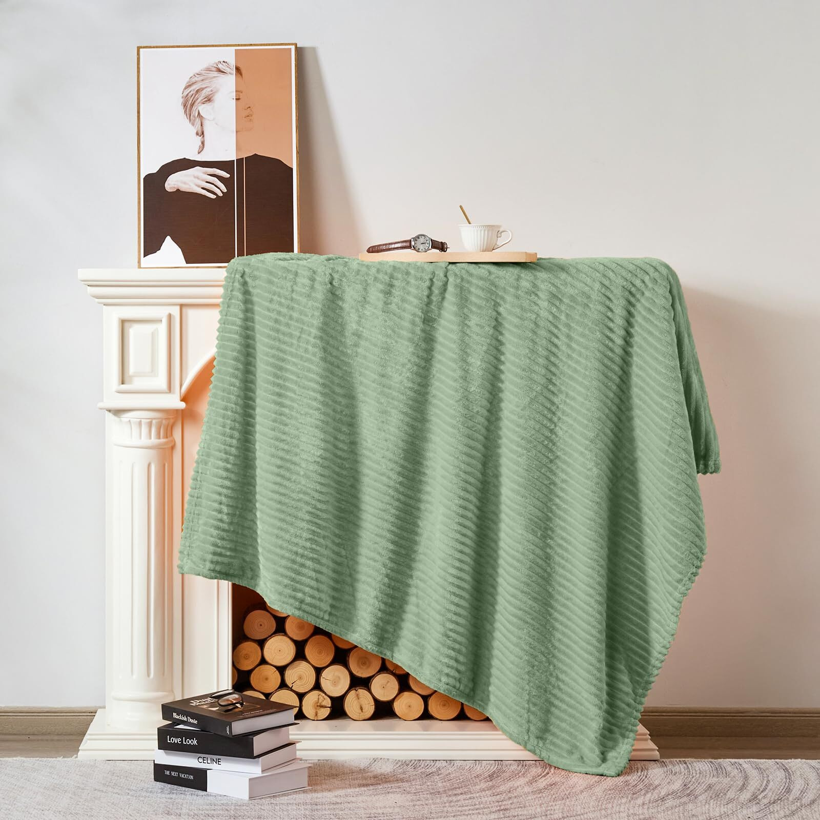 Vessia Flannel Fleece Throw Blanket  300Gsm Cozy Sage Green Striped Throw Blanket For Couch  Sofa And Bed  Warm And Soft Cozy Green Microfiber Ribbed Blanket For All Season(50X40Inch)
