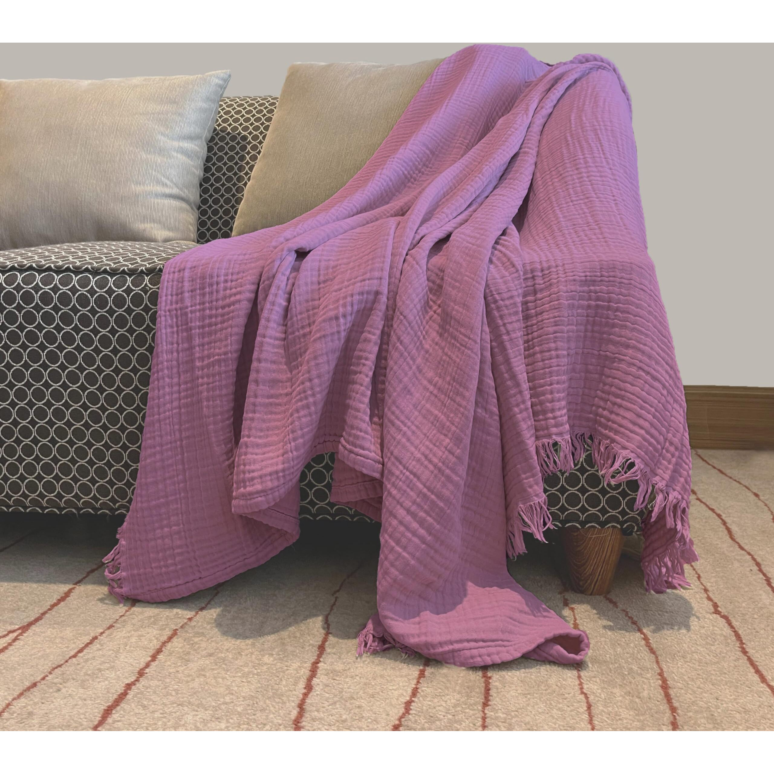 Kyrahome 100% Organic Cotton 55"&quotX60"" Muslin Throw Blankets For Couch Adult Outdoor  Hand-Plant Dyed Breathable Soft Lightweight Gauze Blankets All Season (Pale Purple/Lavender)