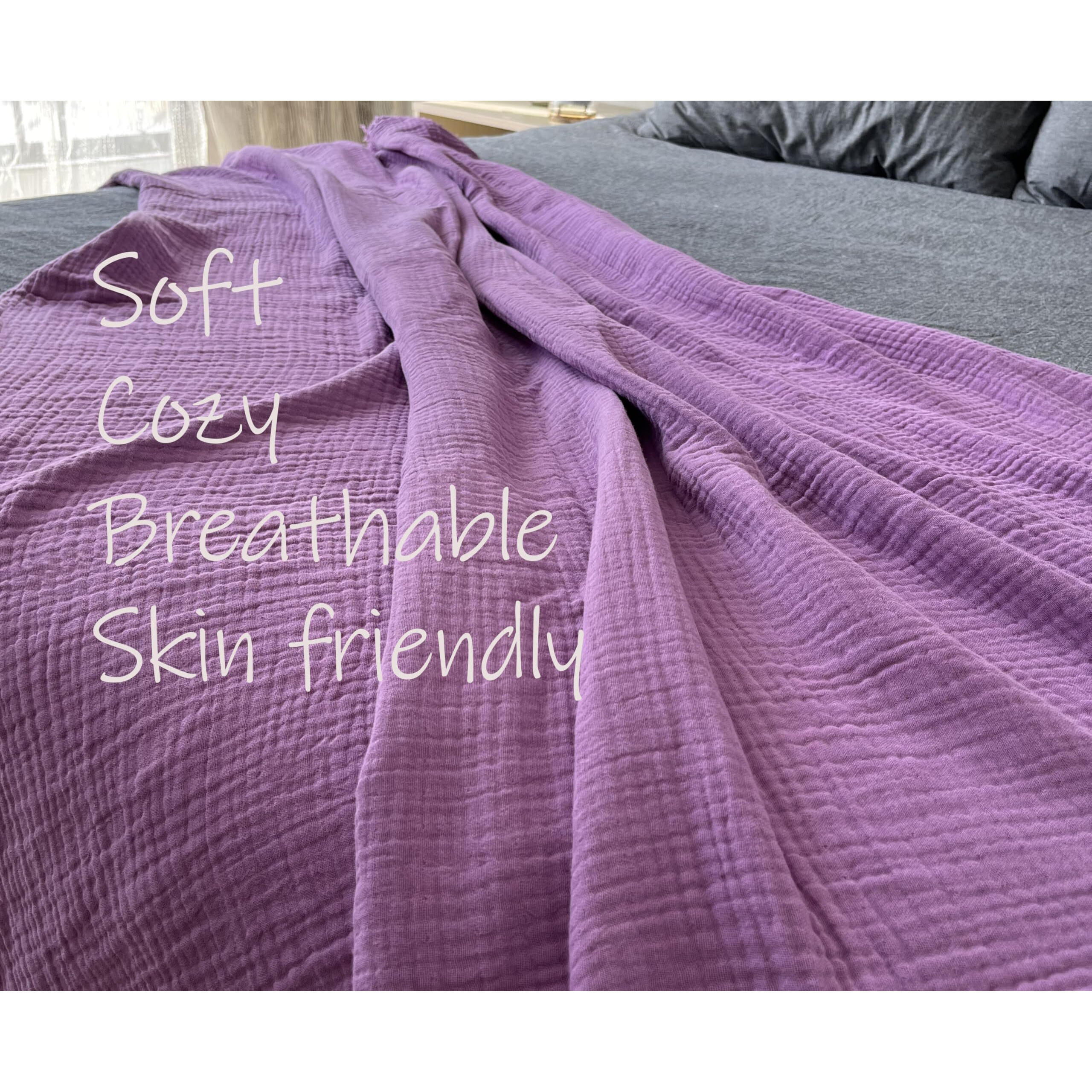 Kyrahome 100% Organic Cotton 55"&quotX60"" Muslin Throw Blankets For Couch Adult Outdoor  Hand-Plant Dyed Breathable Soft Lightweight Gauze Blankets All Season (Pale Purple/Lavender)