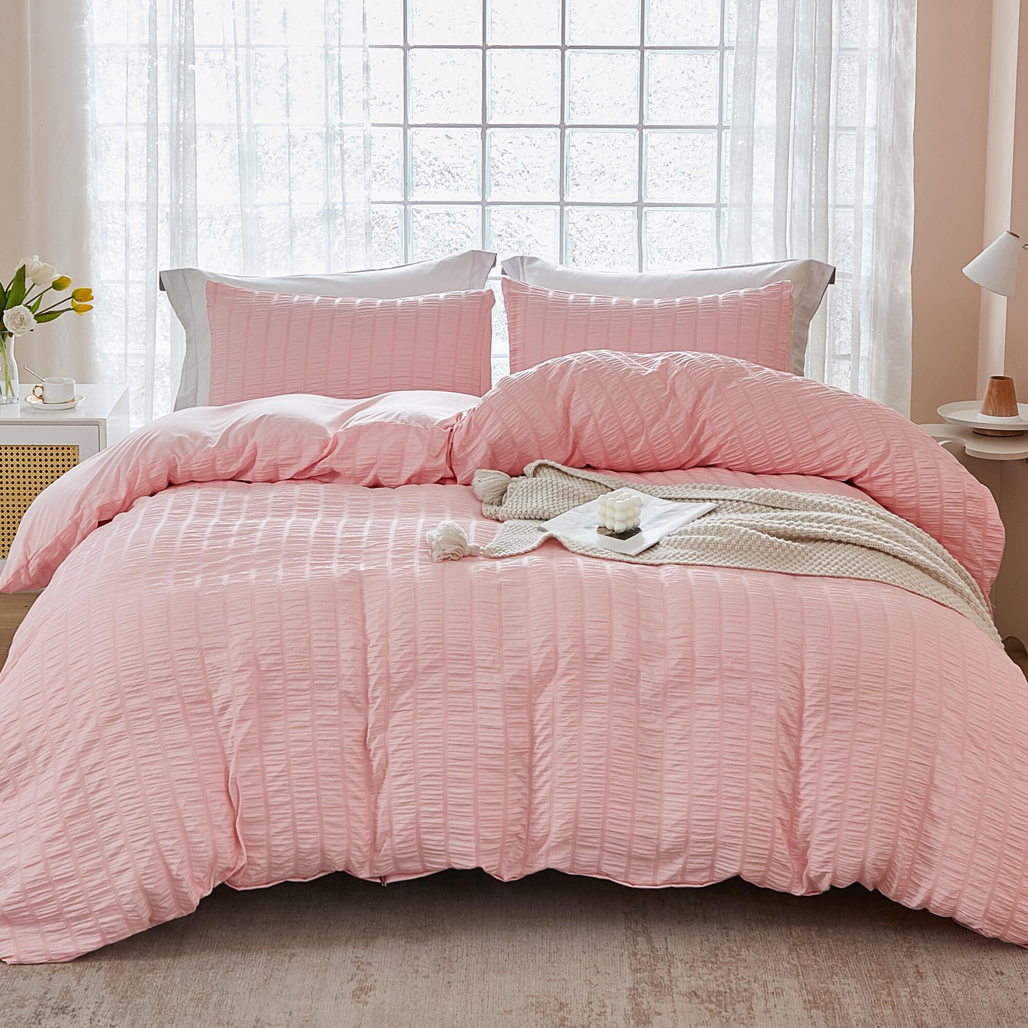 Avelom Blush Pink Seersucker Duvet Cover Set Queen Size (90 X 90 Inches)  3 Pieces (1 Duvet Cover + 2 Pillow Cases)  Ultra Soft Washed Microfiber  Textured Duvet Cover With Zipper Closure  Corner Ties