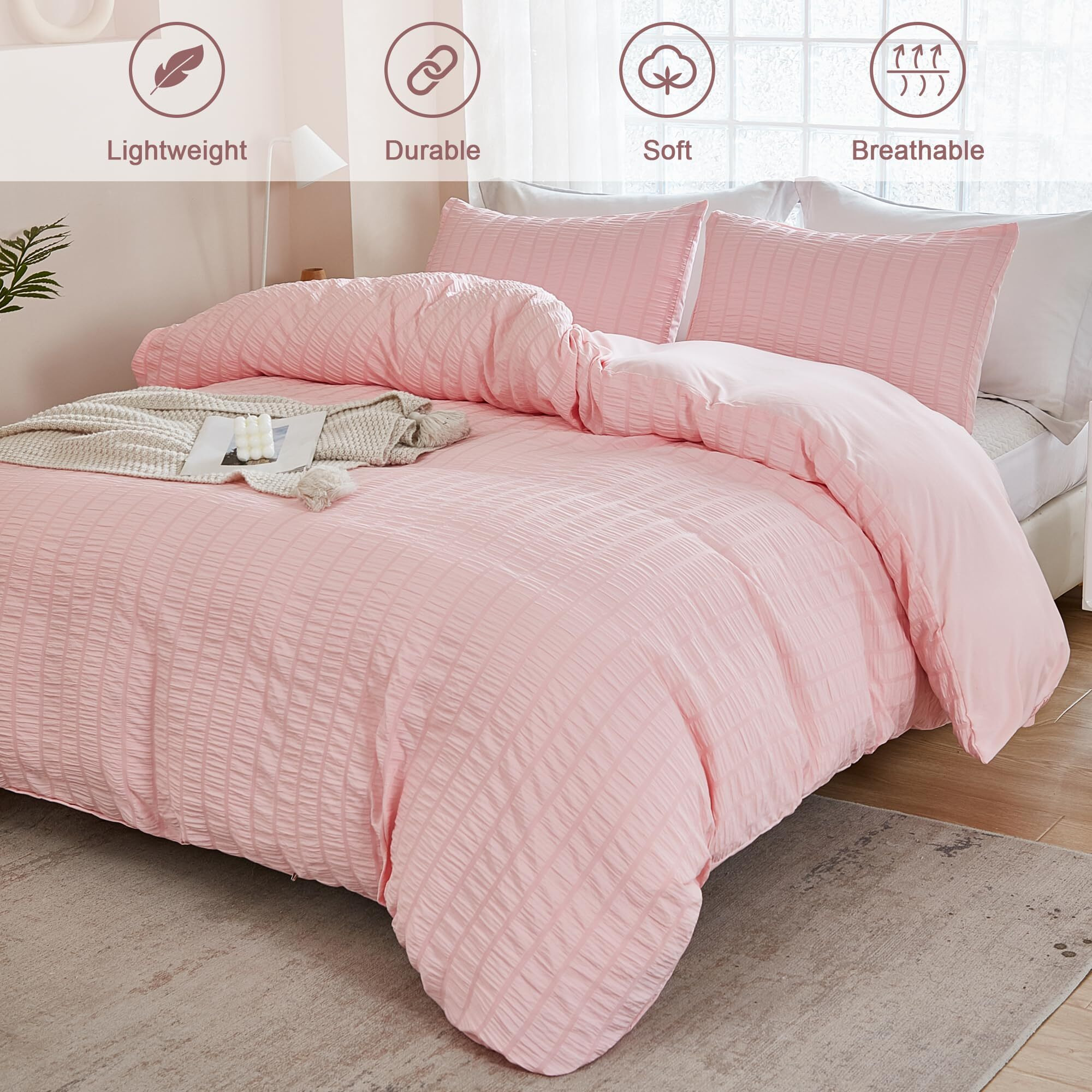 Avelom Blush Pink Seersucker Duvet Cover Set Queen Size (90 X 90 Inches)  3 Pieces (1 Duvet Cover + 2 Pillow Cases)  Ultra Soft Washed Microfiber  Textured Duvet Cover With Zipper Closure  Corner Ties