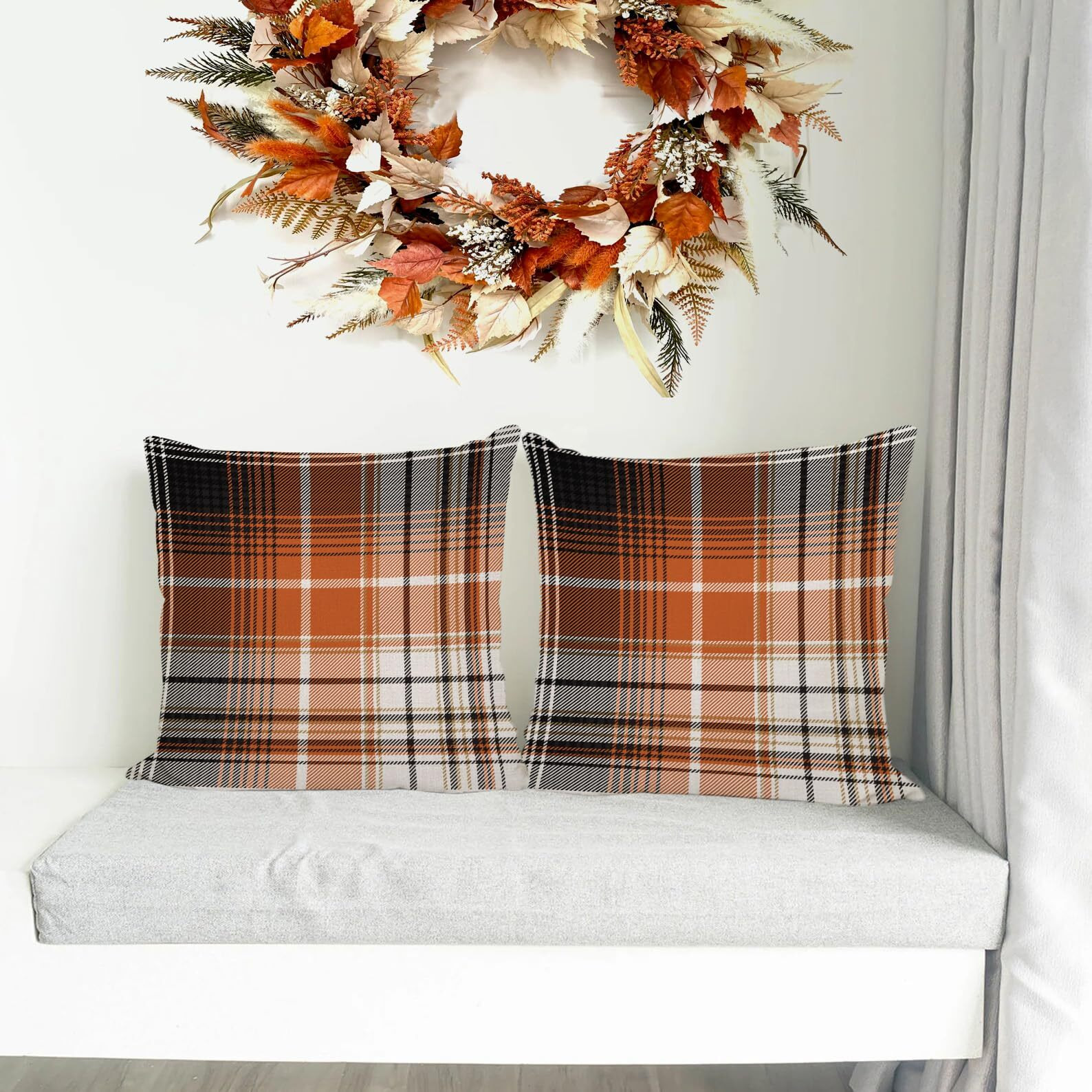 Aofanggo Fall Pillow Covers 16X16 Set Of 2 Autumn Decorative Black Orange Seamless Plaids Check Throw Pillow Cases Cushion Covers Halloween Farmhouse Thanksgiving Home DCor