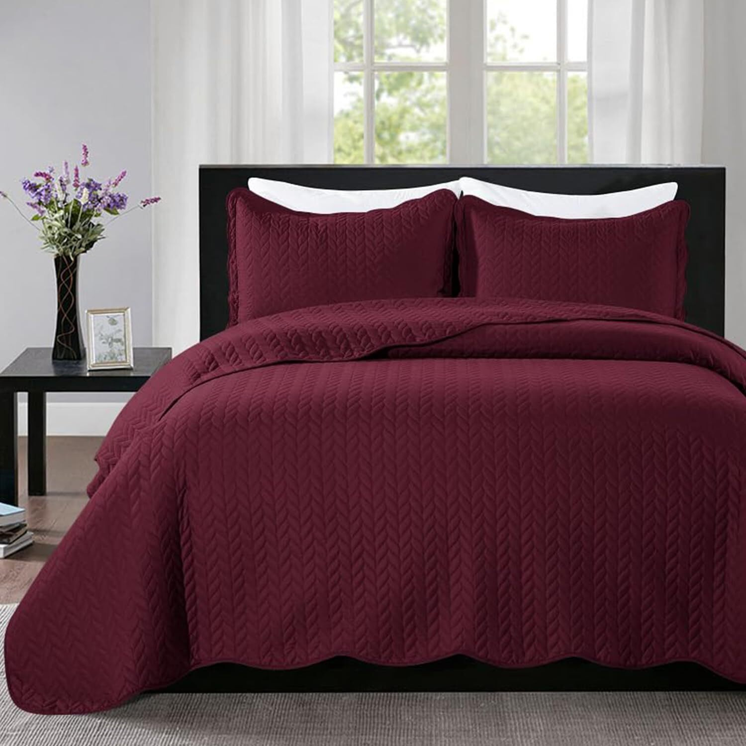 Ir Imperial Rooms Twin Quilt Bedding Set Size (66  X 86 ) + 1 Pillow Shams (20  X 26  + 2 ) - 2 Pcs All Season Lightweight Reversible Microfiber Coverlet Embossed Quilt Bedspread (Burgundy)