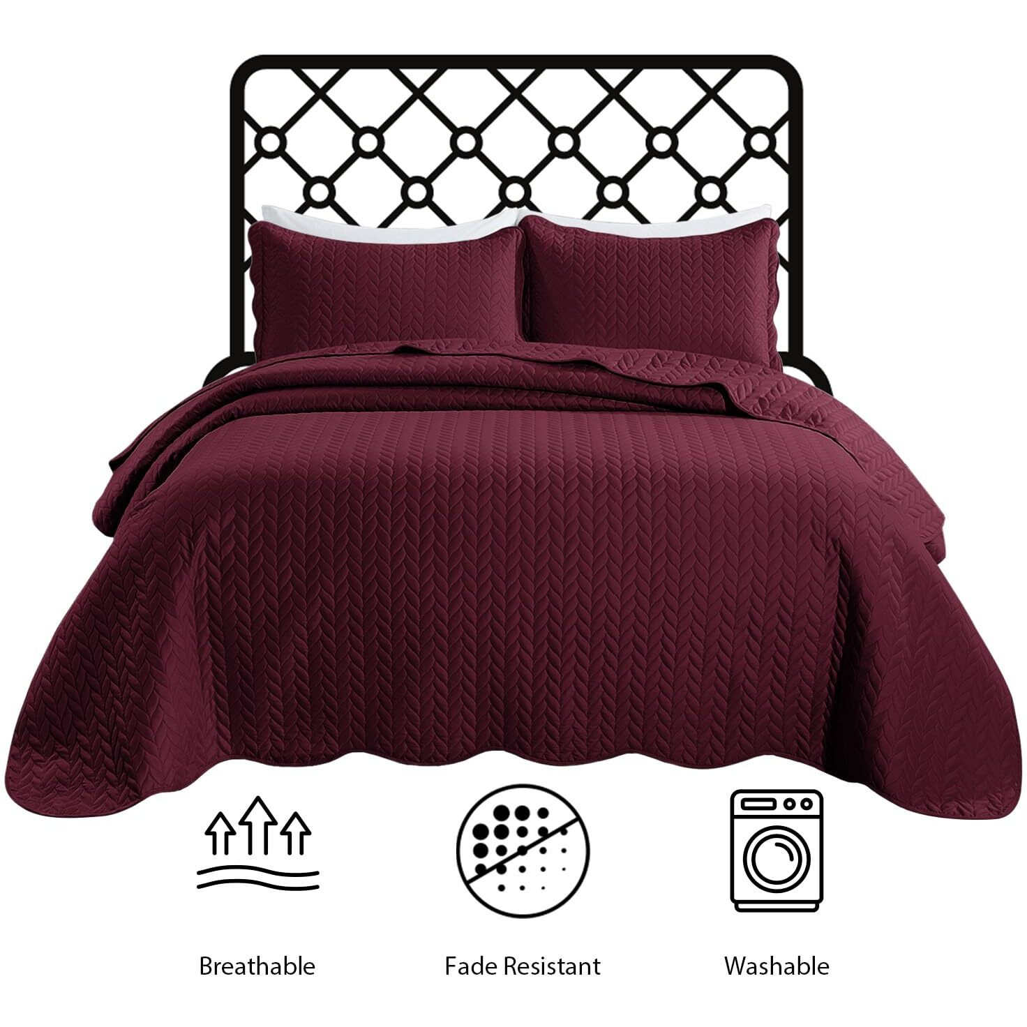 Ir Imperial Rooms Twin Quilt Bedding Set Size (66  X 86 ) + 1 Pillow Shams (20  X 26  + 2 ) - 2 Pcs All Season Lightweight Reversible Microfiber Coverlet Embossed Quilt Bedspread (Burgundy)