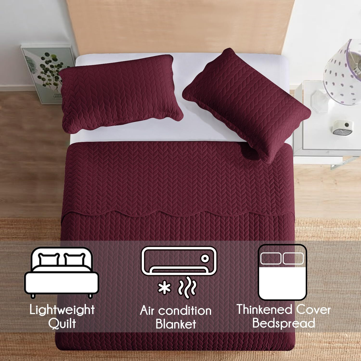 Ir Imperial Rooms Twin Quilt Bedding Set Size (66  X 86 ) + 1 Pillow Shams (20  X 26  + 2 ) - 2 Pcs All Season Lightweight Reversible Microfiber Coverlet Embossed Quilt Bedspread (Burgundy)