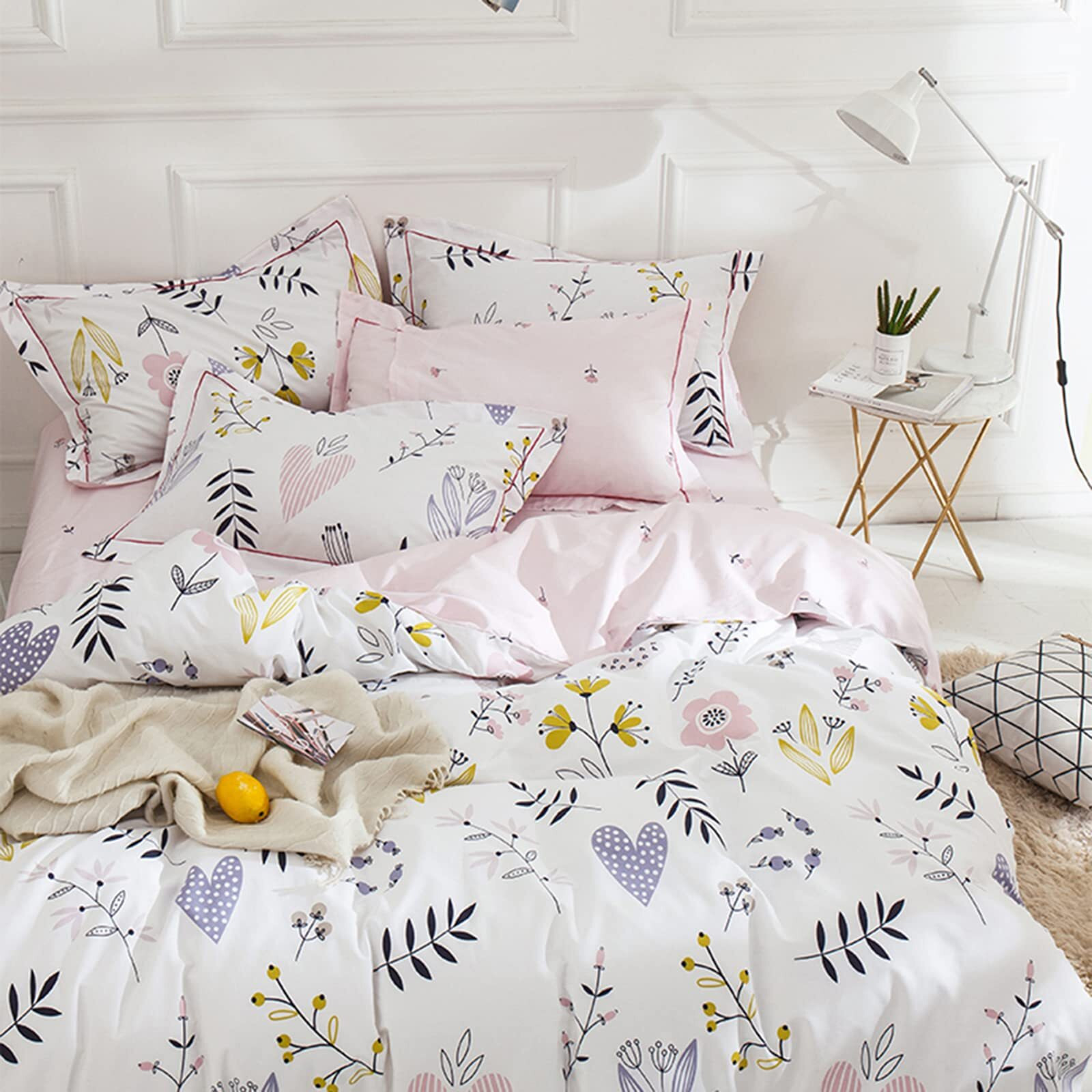Highbuy Girls Duvet Cover Full Floral Aesthetic Coquette Bedding Set White Pink Premium Cotton Teens Flower Bedding Sets Full Kids Comforter Cover Soft Branches Bedding Collection Twin Pink