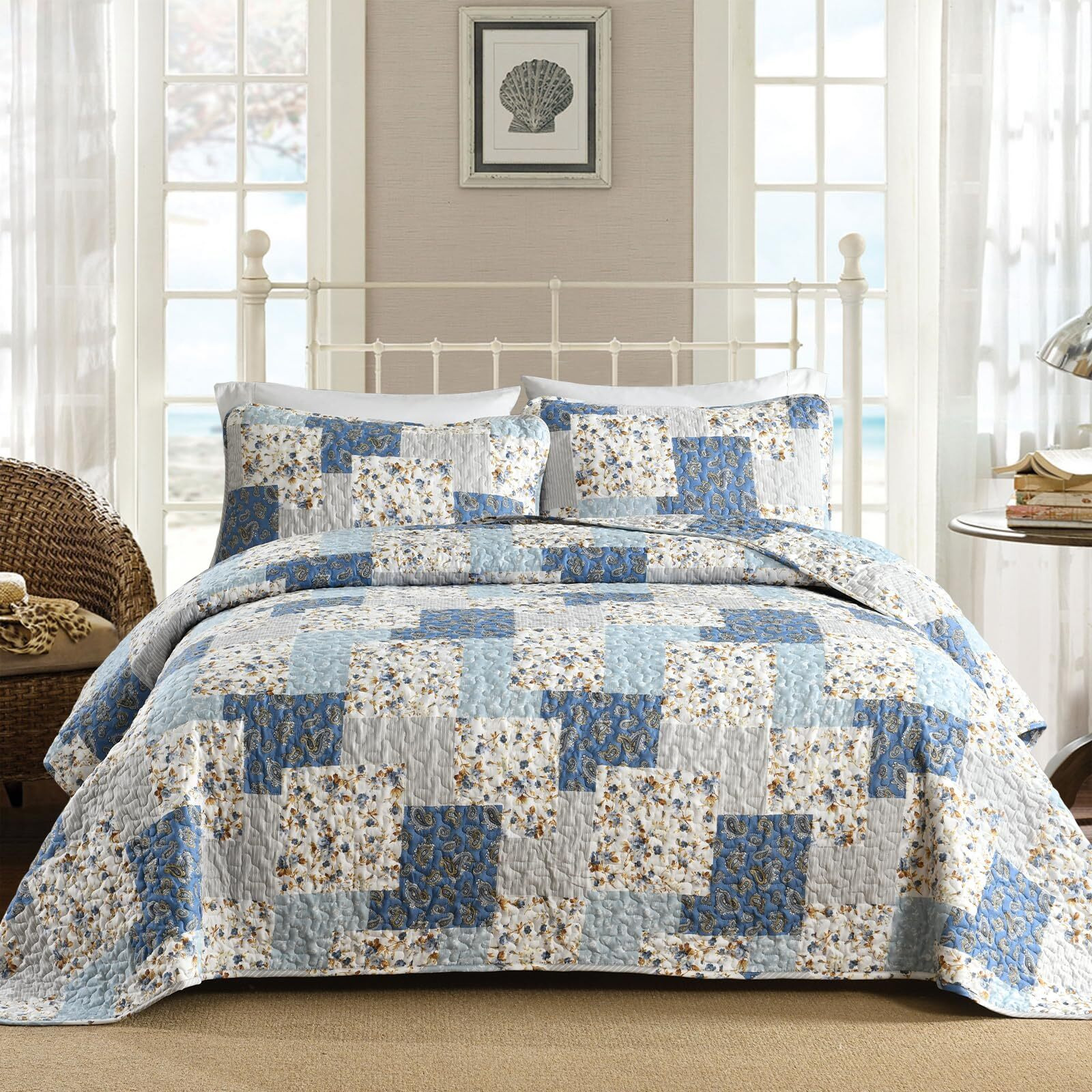 Mybedsoul Light Blue Quilt Set King Size  3 Pieces Boho Plaid Floral Bedspread Set Microfiber Lightweight Bohemian Bedding Bedspread Coverlet Set For All Season 90"&quotX104""