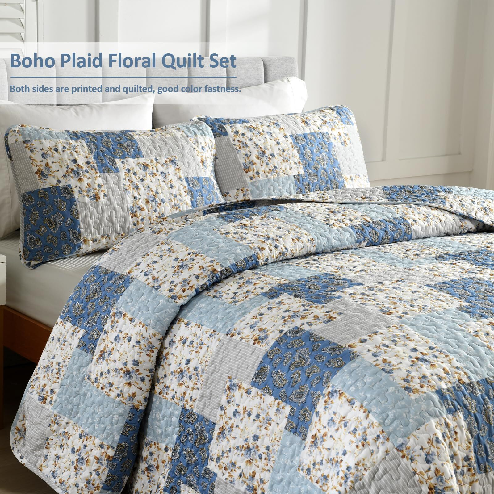 Mybedsoul Light Blue Quilt Set King Size  3 Pieces Boho Plaid Floral Bedspread Set Microfiber Lightweight Bohemian Bedding Bedspread Coverlet Set For All Season 90"&quotX104""
