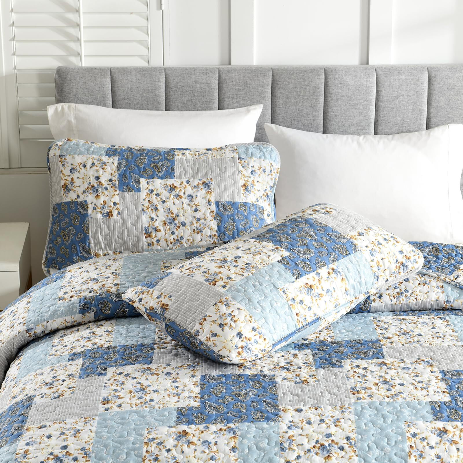 Mybedsoul Light Blue Quilt Set King Size  3 Pieces Boho Plaid Floral Bedspread Set Microfiber Lightweight Bohemian Bedding Bedspread Coverlet Set For All Season 90"&quotX104""