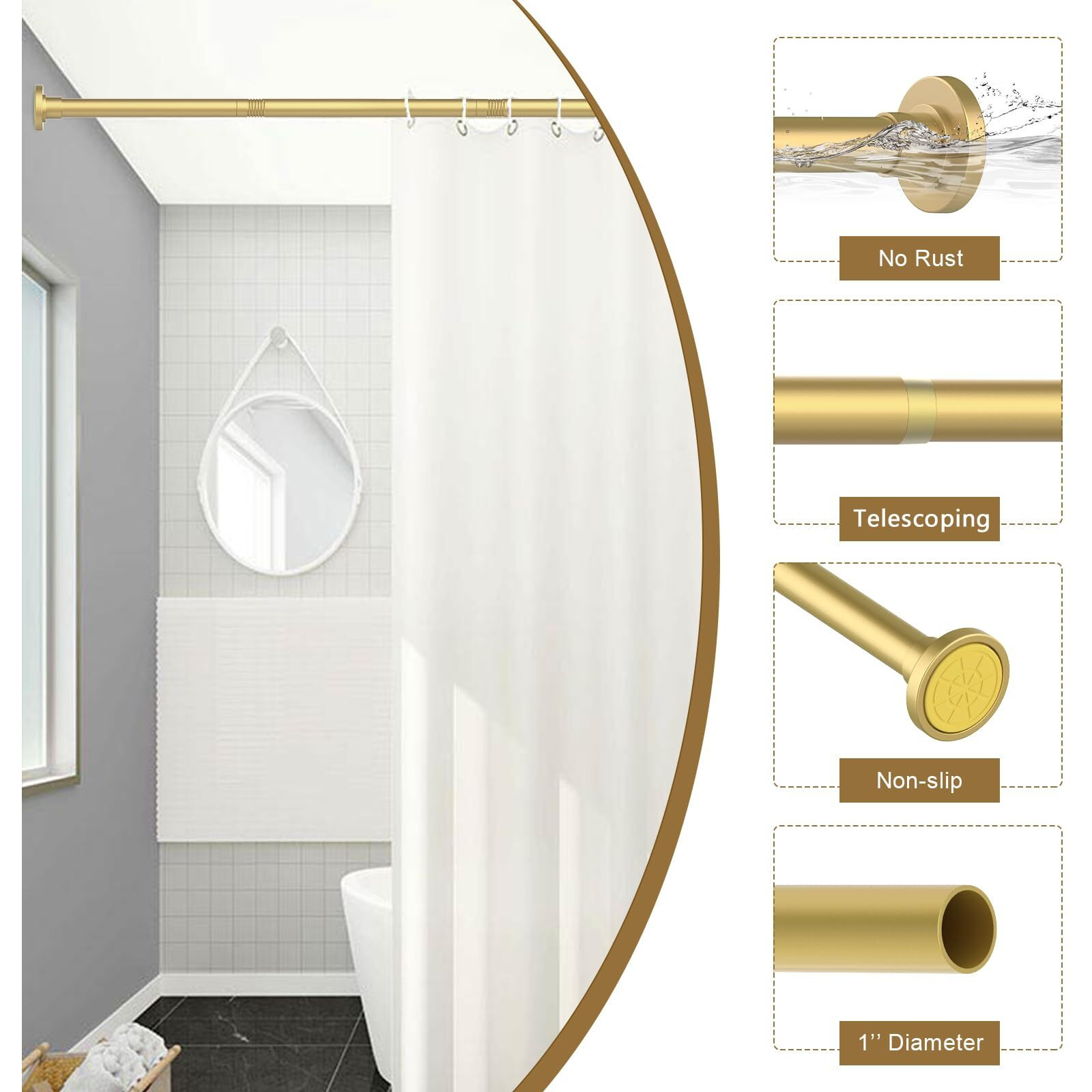 Gxoackj Gold Shower Curtain Rods - 31-80 Inch Sping Tension Shower Rods For Bathroom  Adjustable  No Drilling  No Rust  Stainless Steel