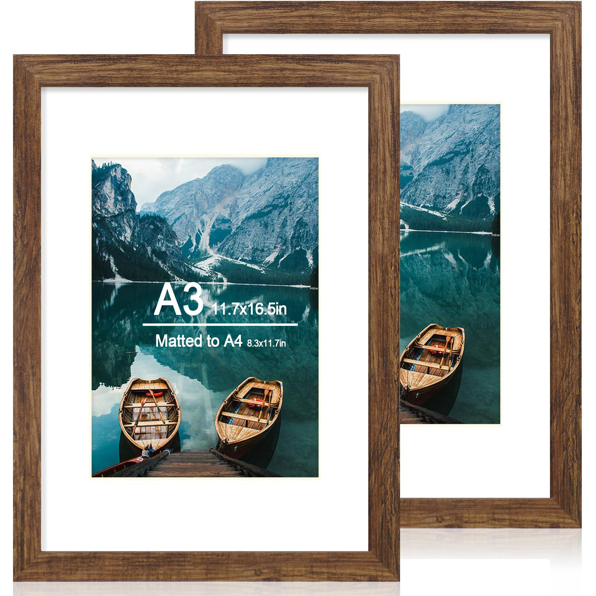 Hongkee A3 Frame Set Of 2  Rustic Brown Wood Style - Display Pictures A4 With Mat Or 11.7X16.5 Without Mat  Wall Mounting Horizontal And Vertical