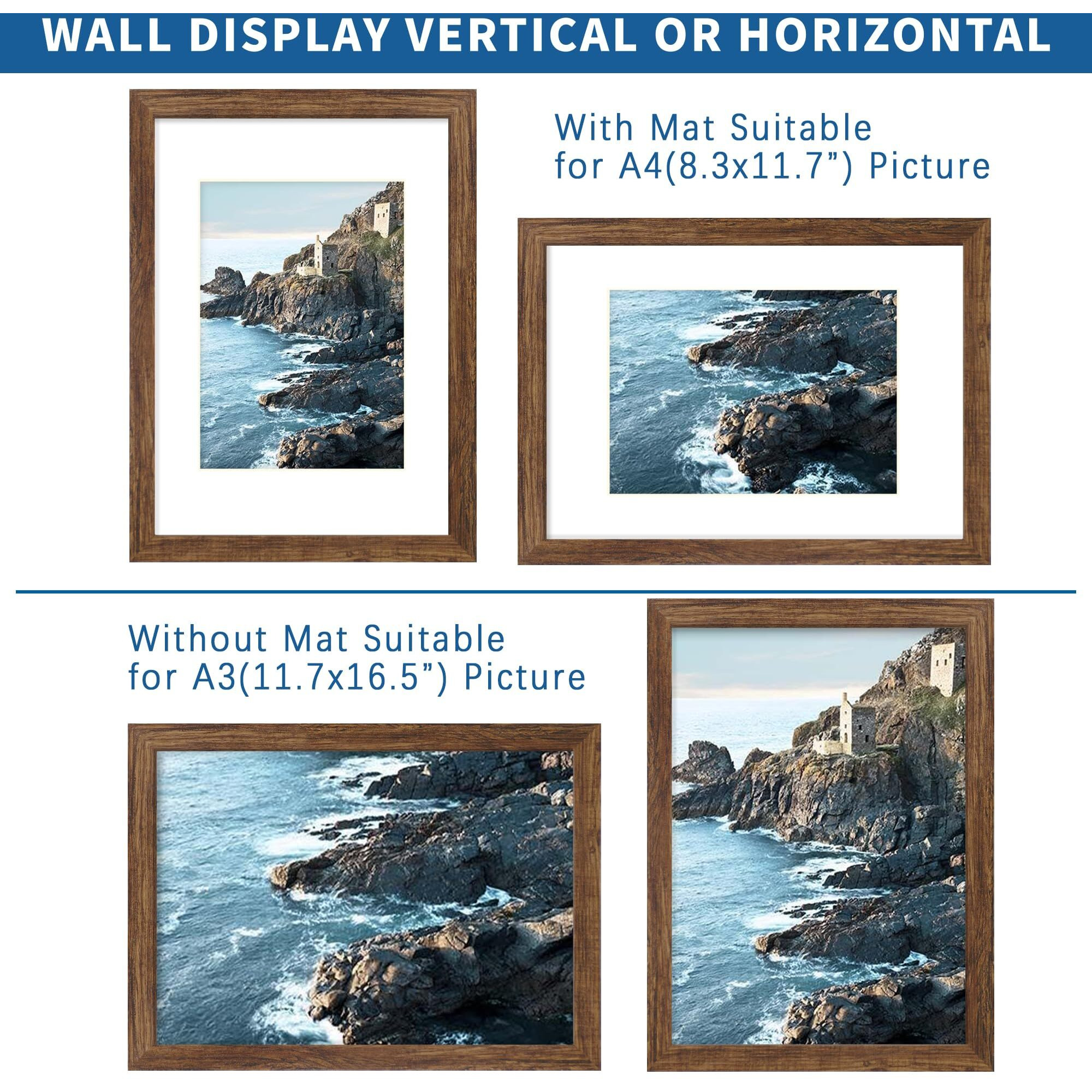 Hongkee A3 Frame Set Of 2  Rustic Brown Wood Style - Display Pictures A4 With Mat Or 11.7X16.5 Without Mat  Wall Mounting Horizontal And Vertical