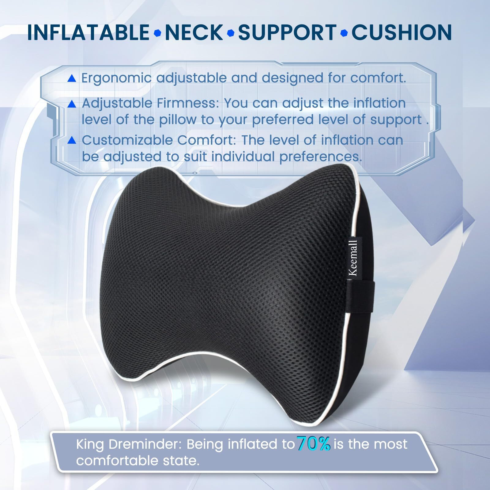 Keemall Car Neck Pillow  Soft Headrest Inflatable Car Pillow For Driving Seat With Adjustable Strap  Comfortable Ergonomic Design Neck Support And Breathable Washable Cover (Black 1 Pack)
