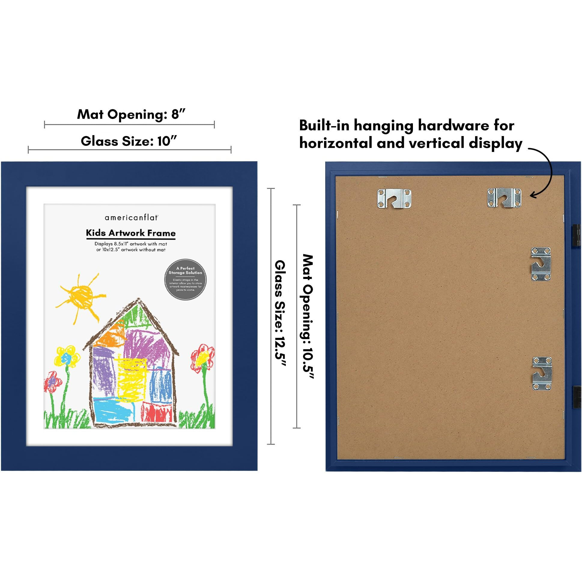 Americanflat 10X12.5 Kids Art Frame - Front Loading Picture Frame - Use As 8.5X11 Frame With Mat Or 10X12.5 Frame Without Mat - My Mini Masterpiece - Holds 100 Artworks - Navy